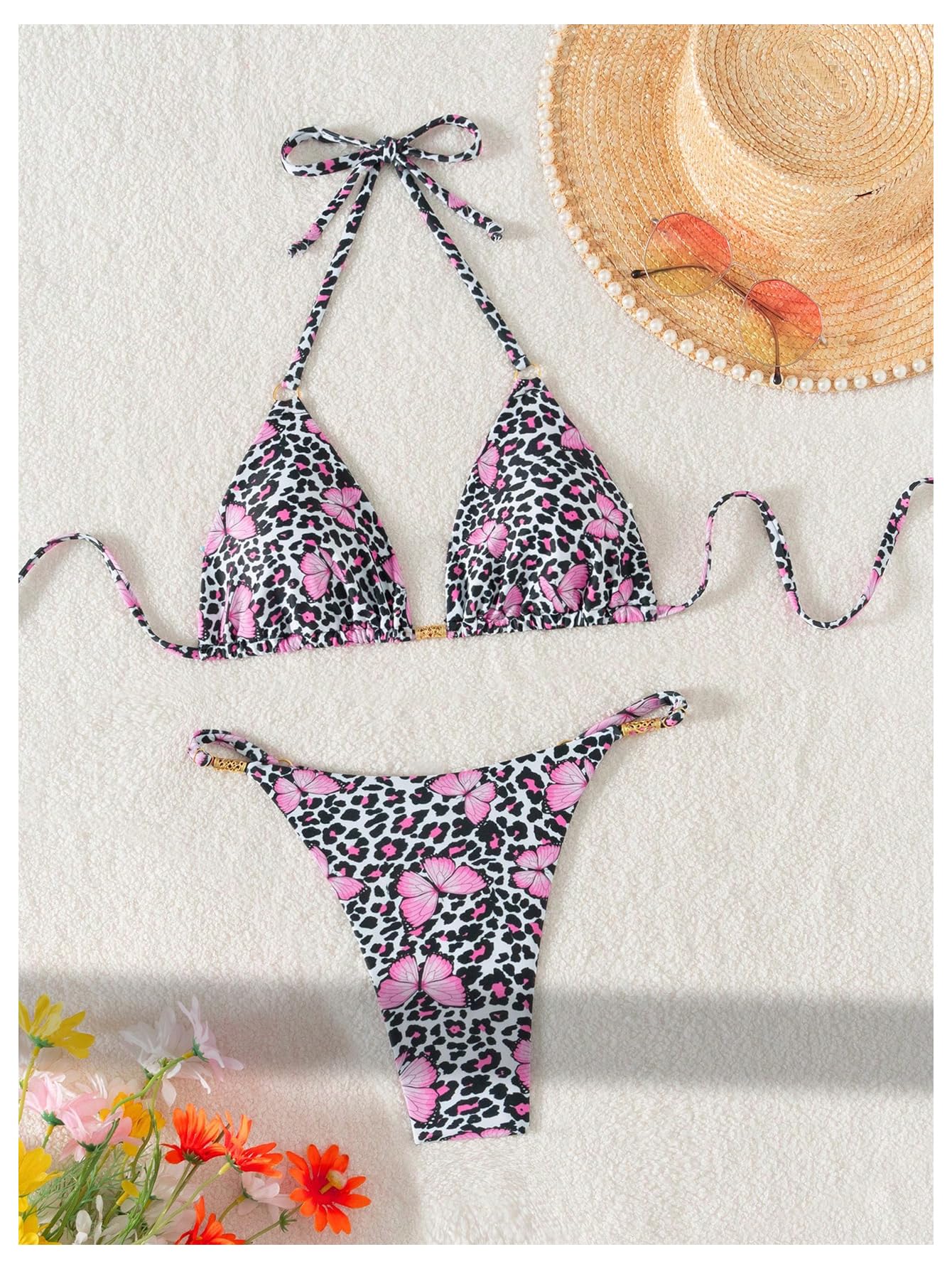 Women's Leopard Print Bikini Set Halter Triangle String Thong Swimsuits