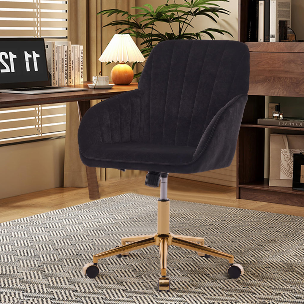 Modern Vanity Velvet Adjustable Low Back Rolling Chair, Twill Upholstered Cute Chair with Wheels