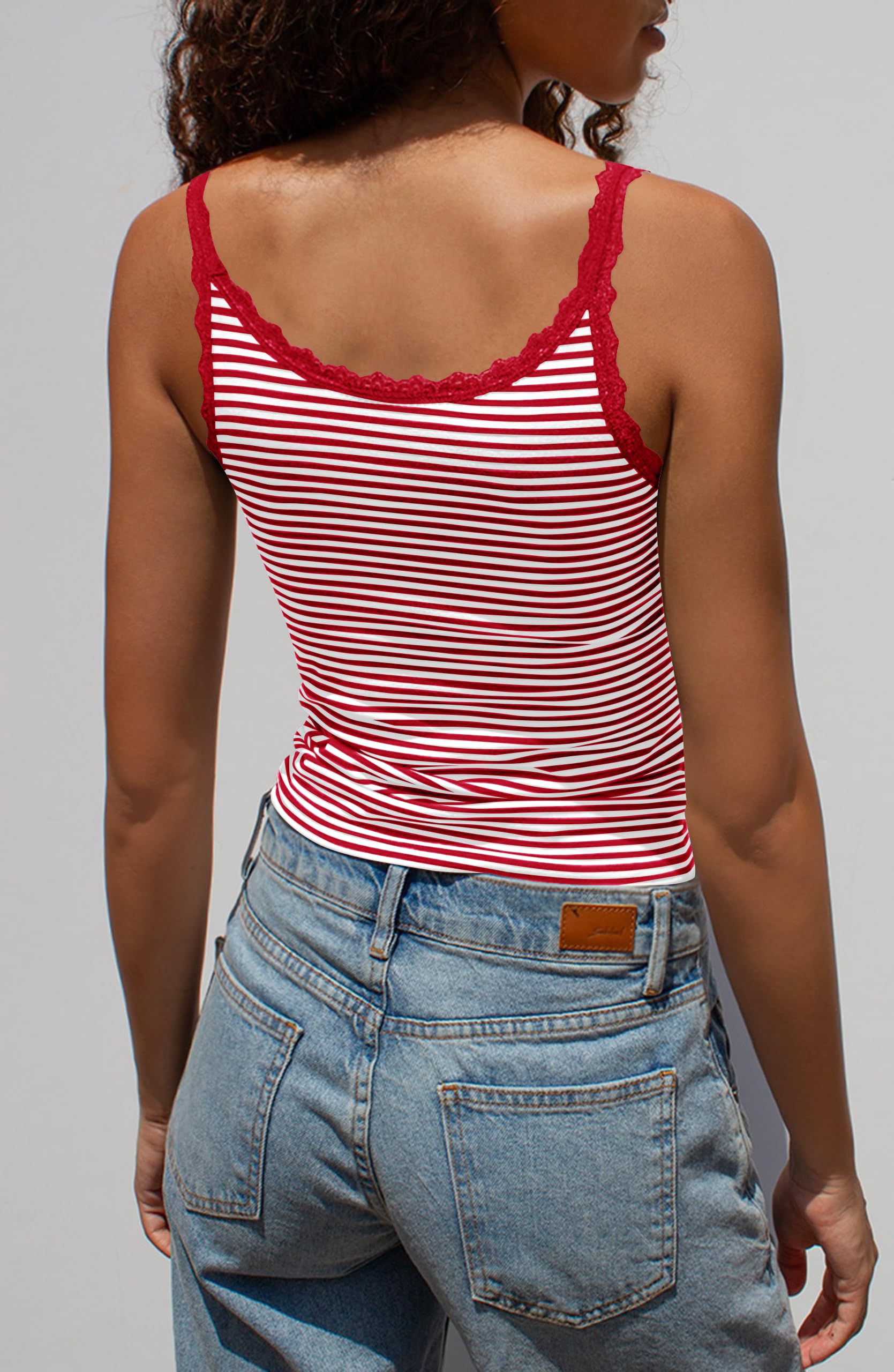 Cute Coquette Women Y2K Striped Camisole Tops Lace Patchwork Scoop Neck Spaghetti Strap Crop Tank Tops