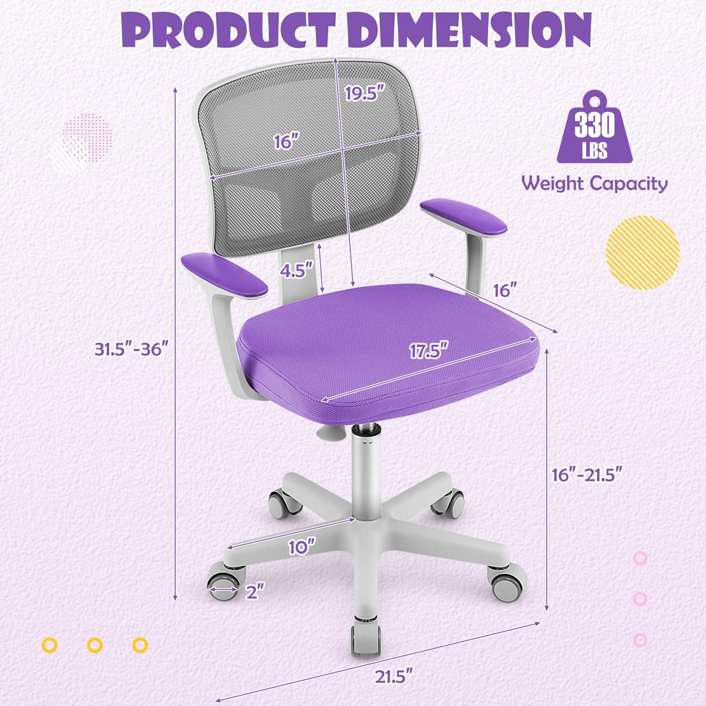 Swivel Adjustable Mesh Study Chair with Wheels & Arms, Ergonomic Computer Task Chair with Lumbar Support