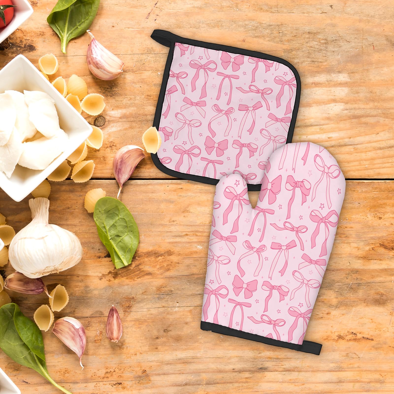 Pink Bow Coquette Decor Oven Mitts and Pot Holders Sets