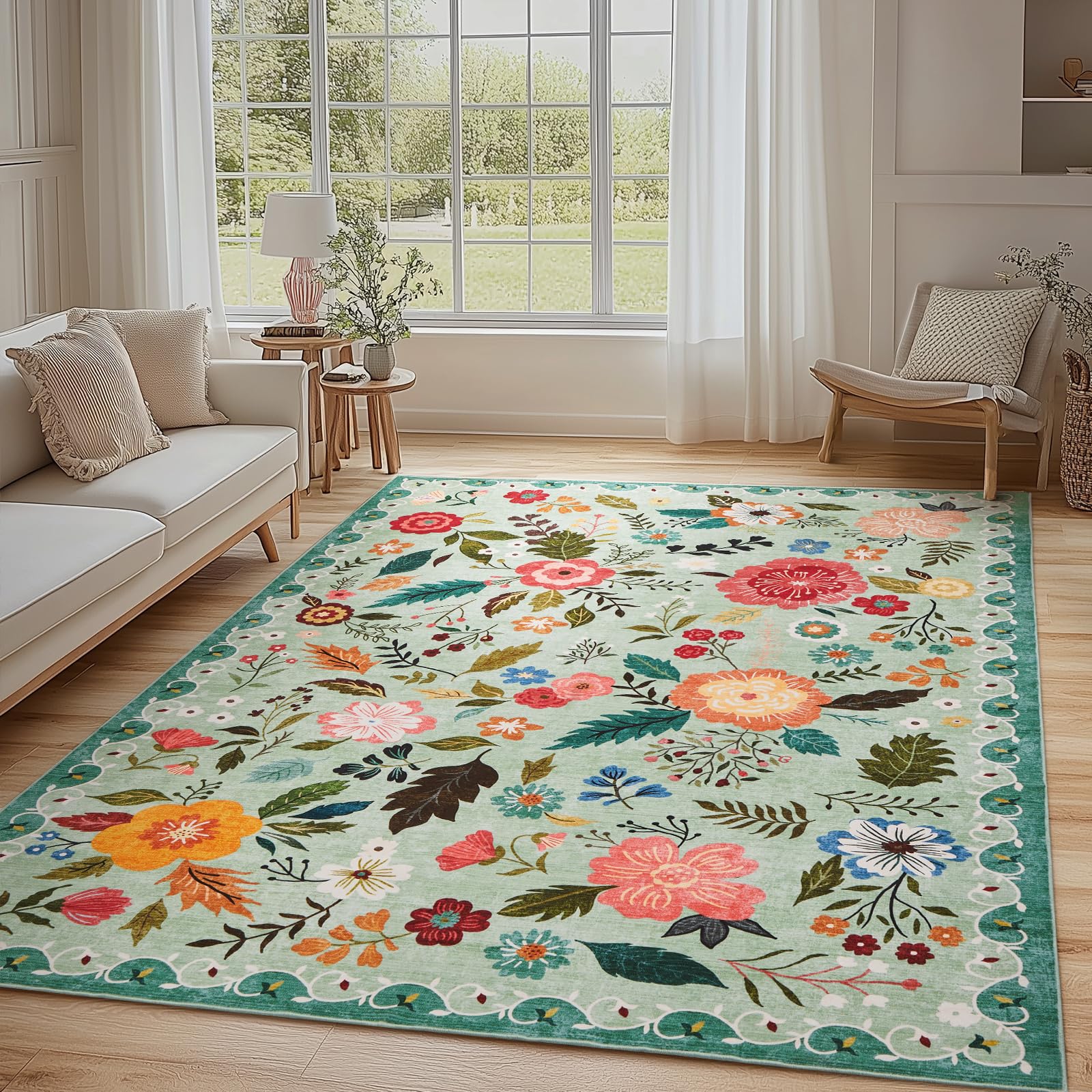 Boho Floral Vintage Rug for Home Washable Rugs Soft Low Pile, Non Slip Non-Shedding