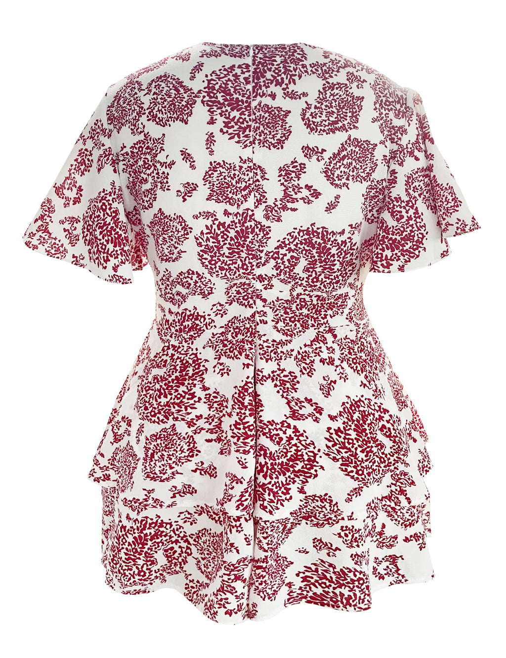 Women's Floral Rompers Jumpsuits V Neck Short Baggy Sleeve Waist Tie Double Layer Ruffle Hem Romper