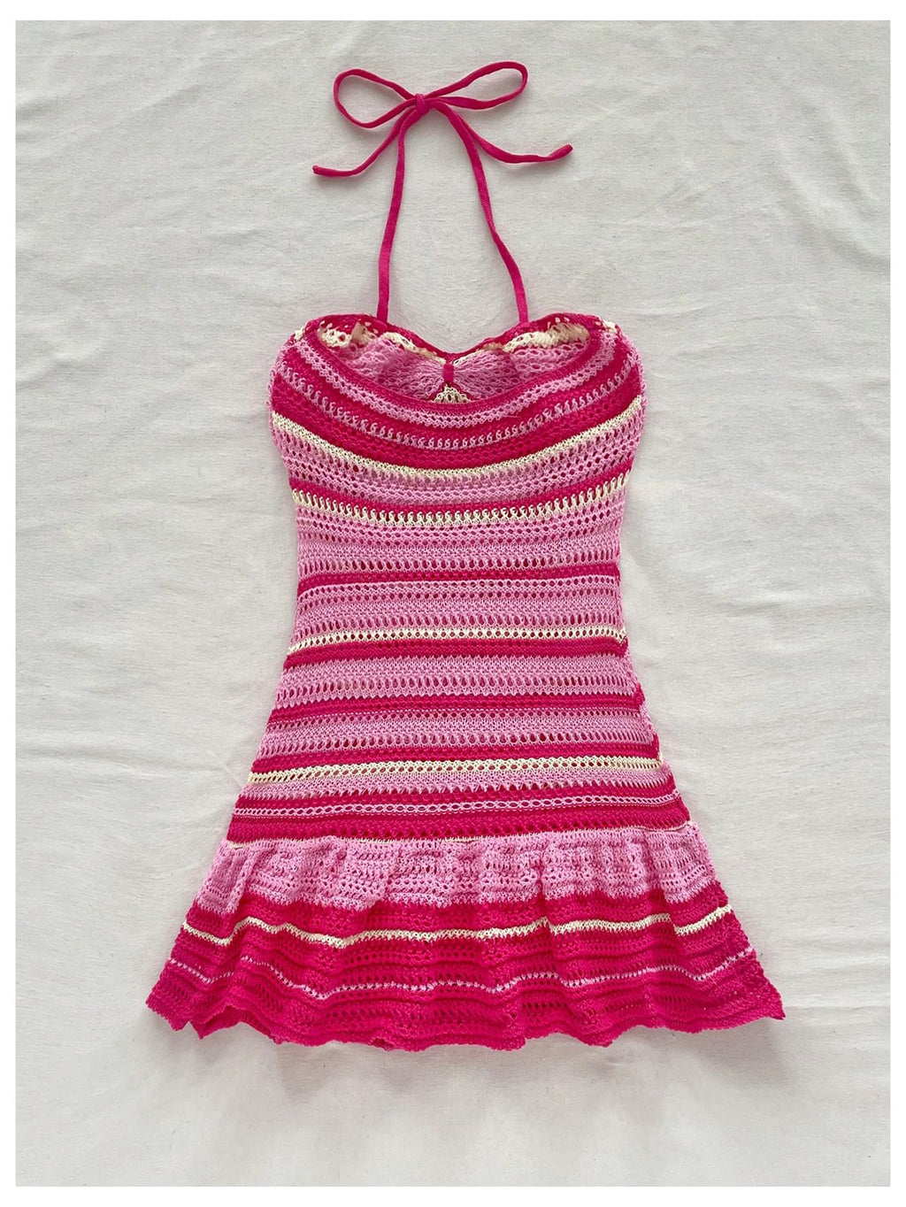 Women's Striped Halter Cut Out Tie Backless A Line Ruffle Short Dress