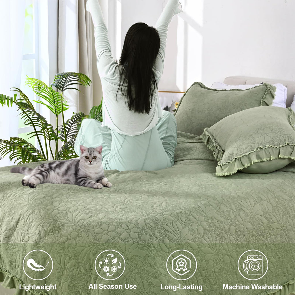 Ruffled Floral Quilts Soybean Fiber Filling Bedding Set 3 Piece, Stone-Washed Microfiber Shabby Chic Lightweight Soft Bedspread