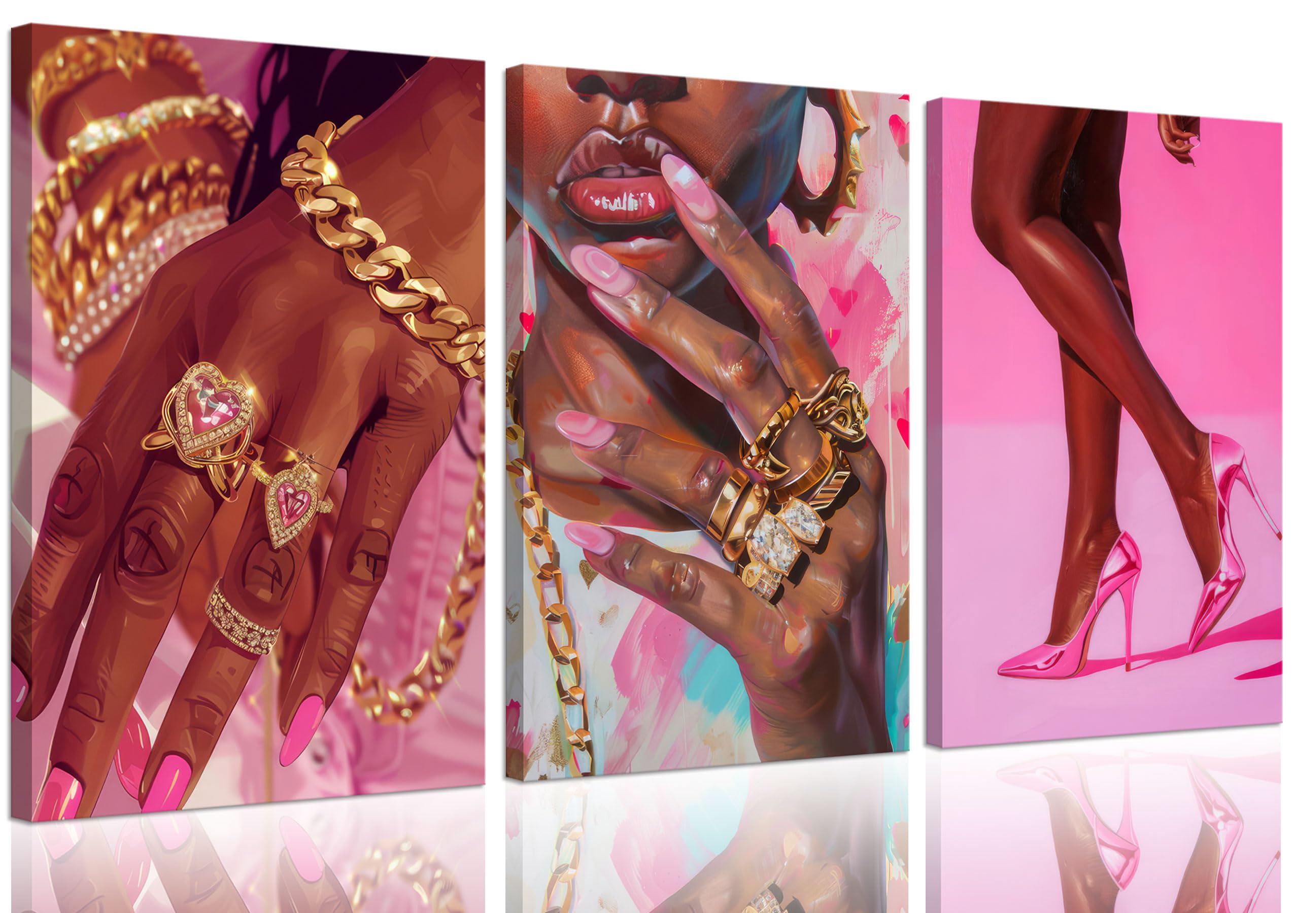 Pink Fashion Black Girl Canvas Wall Art - Gorgeous Black Girl Posters Prints for Living Room Bedroom Artwork Home Decoration Unframed