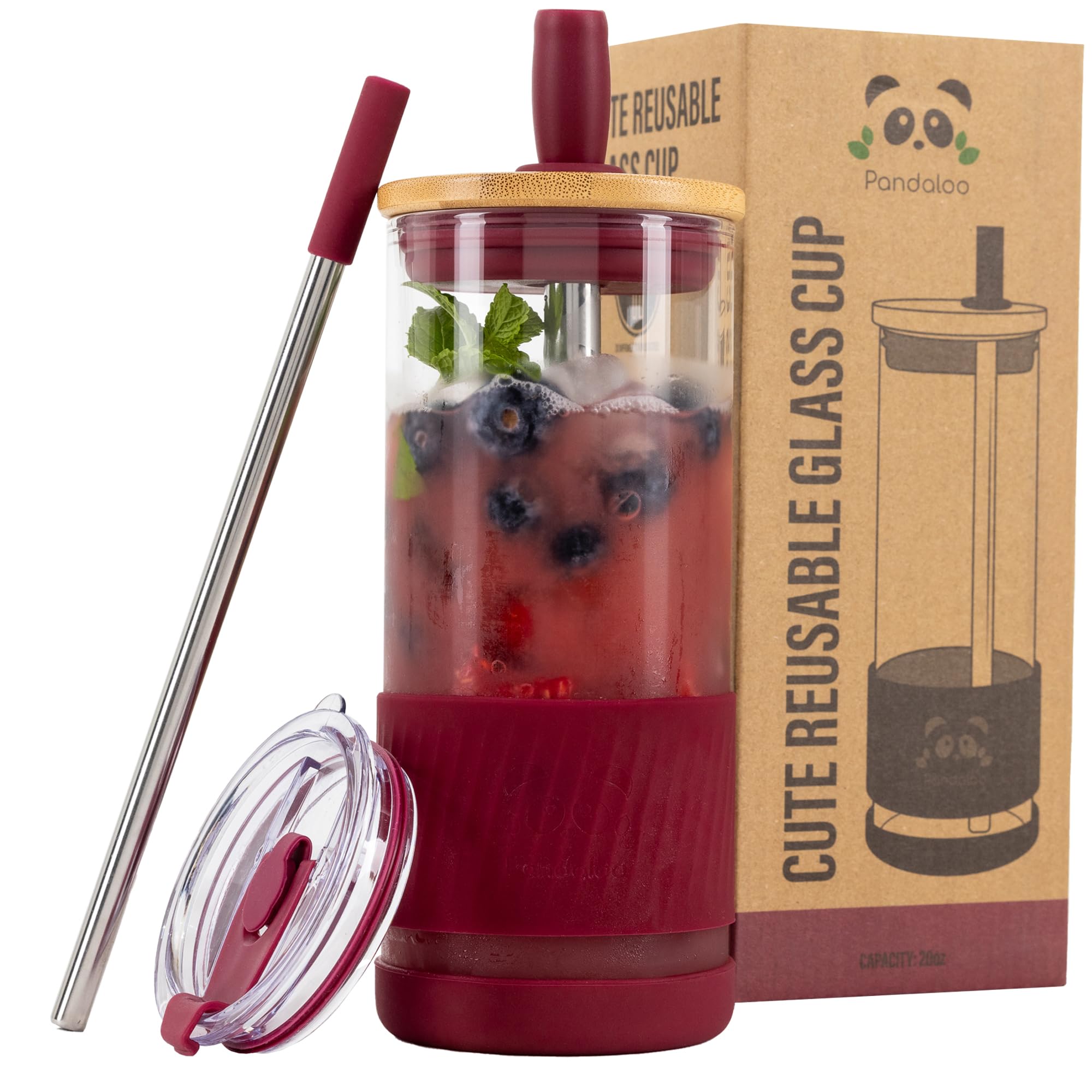 Pandaloo® Glass Cups With Lids and Straws -20 Fl Oz- Perfect Size Iced Coffee Cup - Smoothie Cup With Bamboo Lid and On the go Lid - Glass Tumbler With Straw