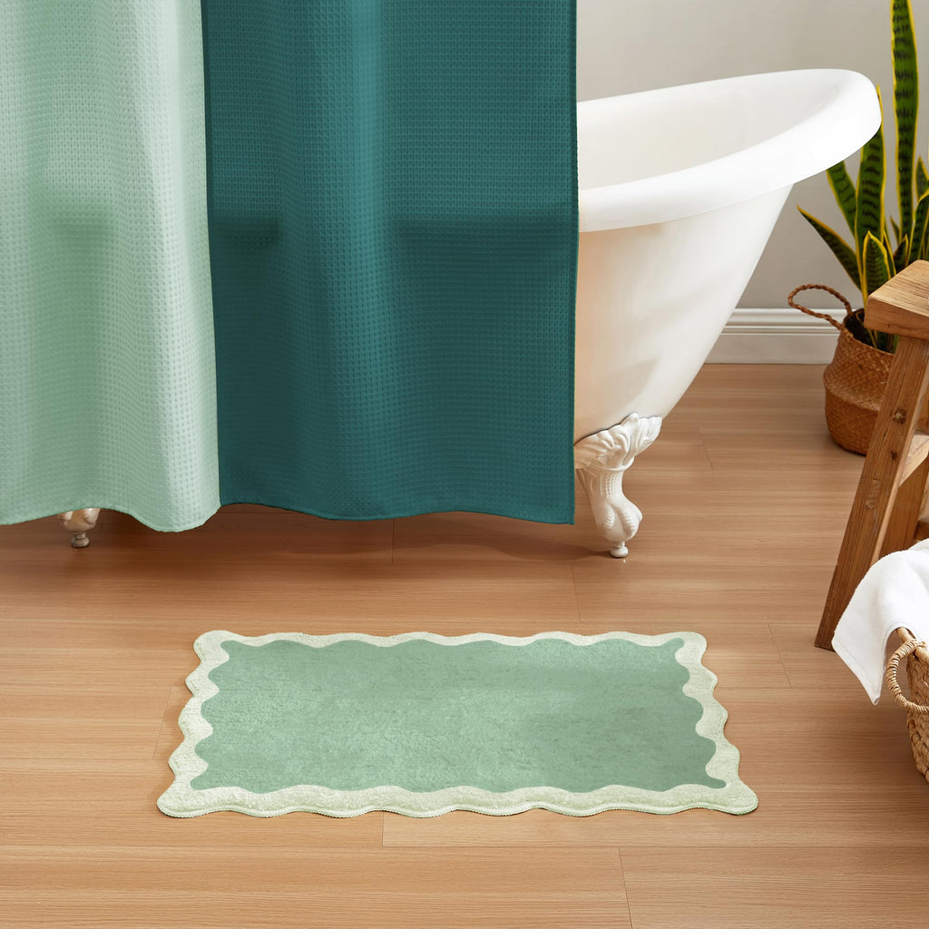 Wavy Bath Mat with Scalloped Ripple Design, Microfiber Absorbent Non Slip Tufted Rug