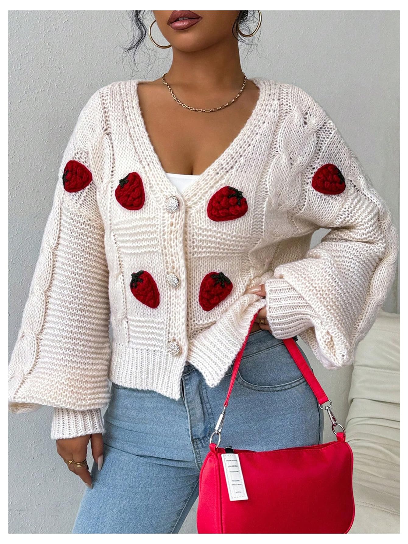 Women's Strawberry Embroidery Crop Cardigan Drop Shoulder Button Up Sweater Tops V Neck Outerwear