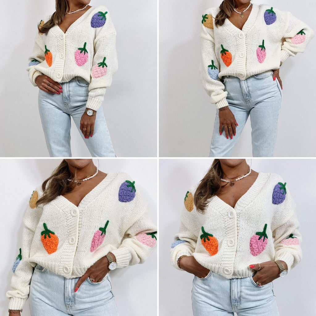 Women's Kawaii Strawberry Embroidered Cardigan Long Sleeve V Neck Chunky Knitted Cardigans