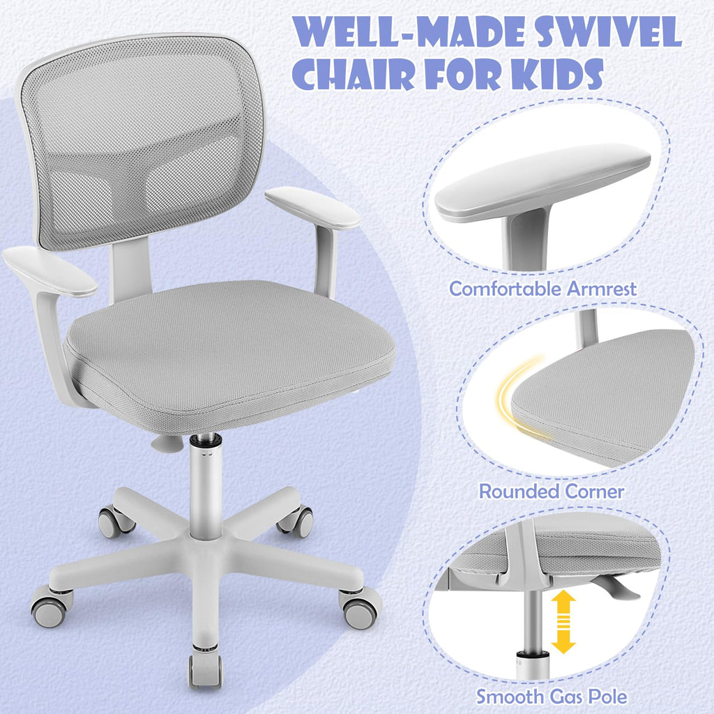 Swivel Adjustable Mesh Study Chair with Wheels & Arms, Ergonomic Computer Task Chair with Lumbar Support