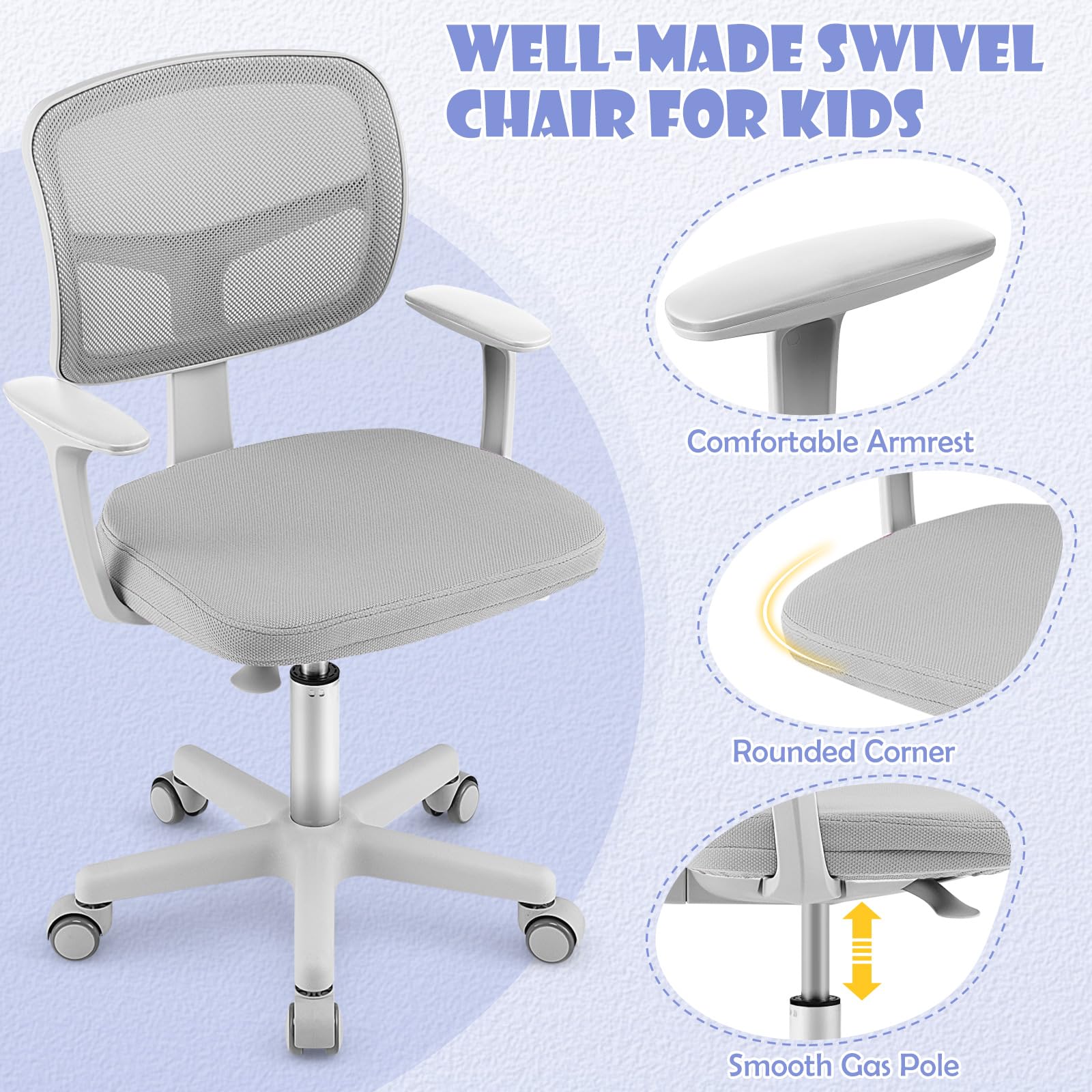 Swivel Adjustable Mesh Study Chair with Wheels & Arms, Ergonomic Computer Task Chair with Lumbar Support