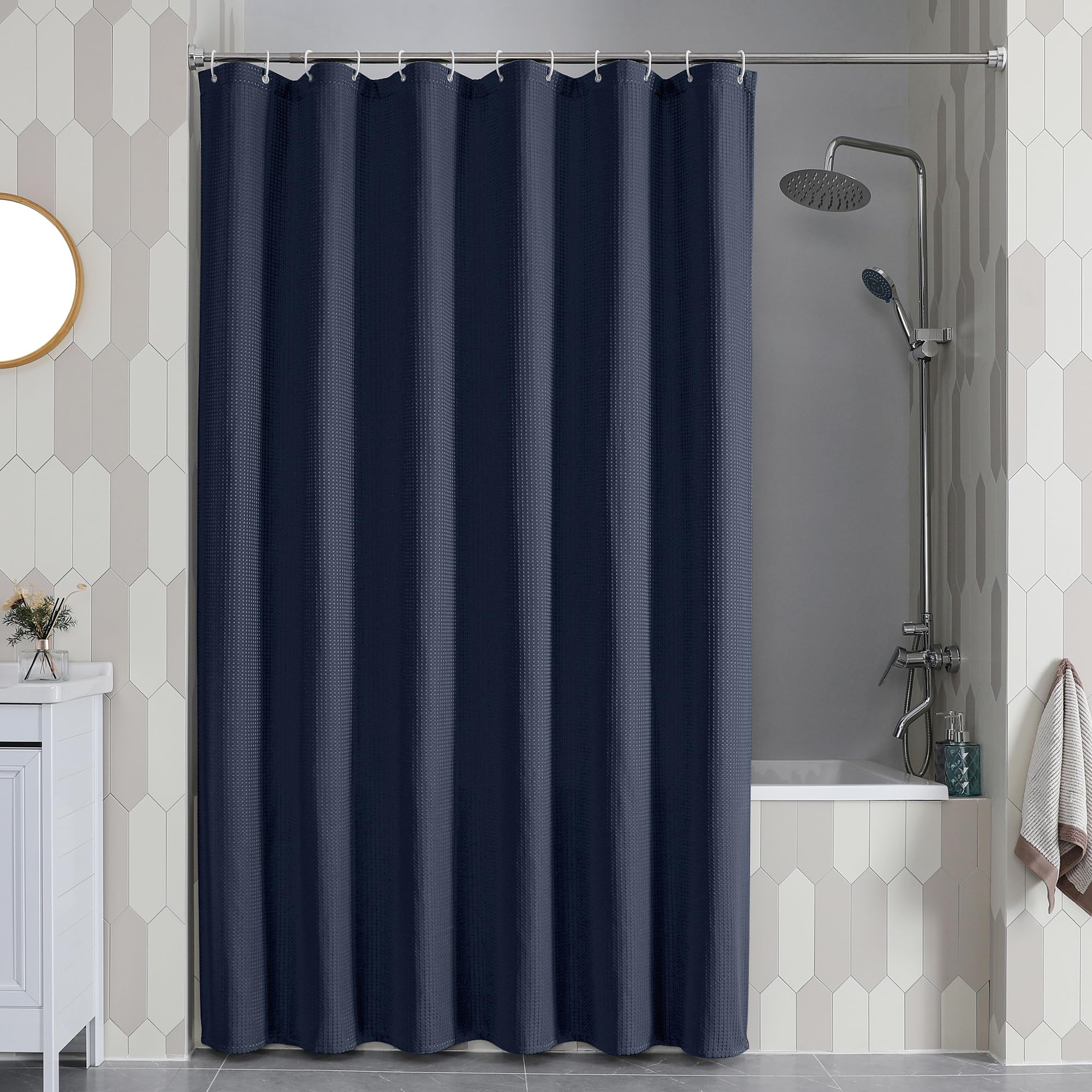 Waffle Textured Heavy Duty Fabric Shower Curtain for Bathroom, Luxury Hotel Weighted 230GSM Bath Curtain with 12 Plastic Hooks, Machine Washable, 72x72