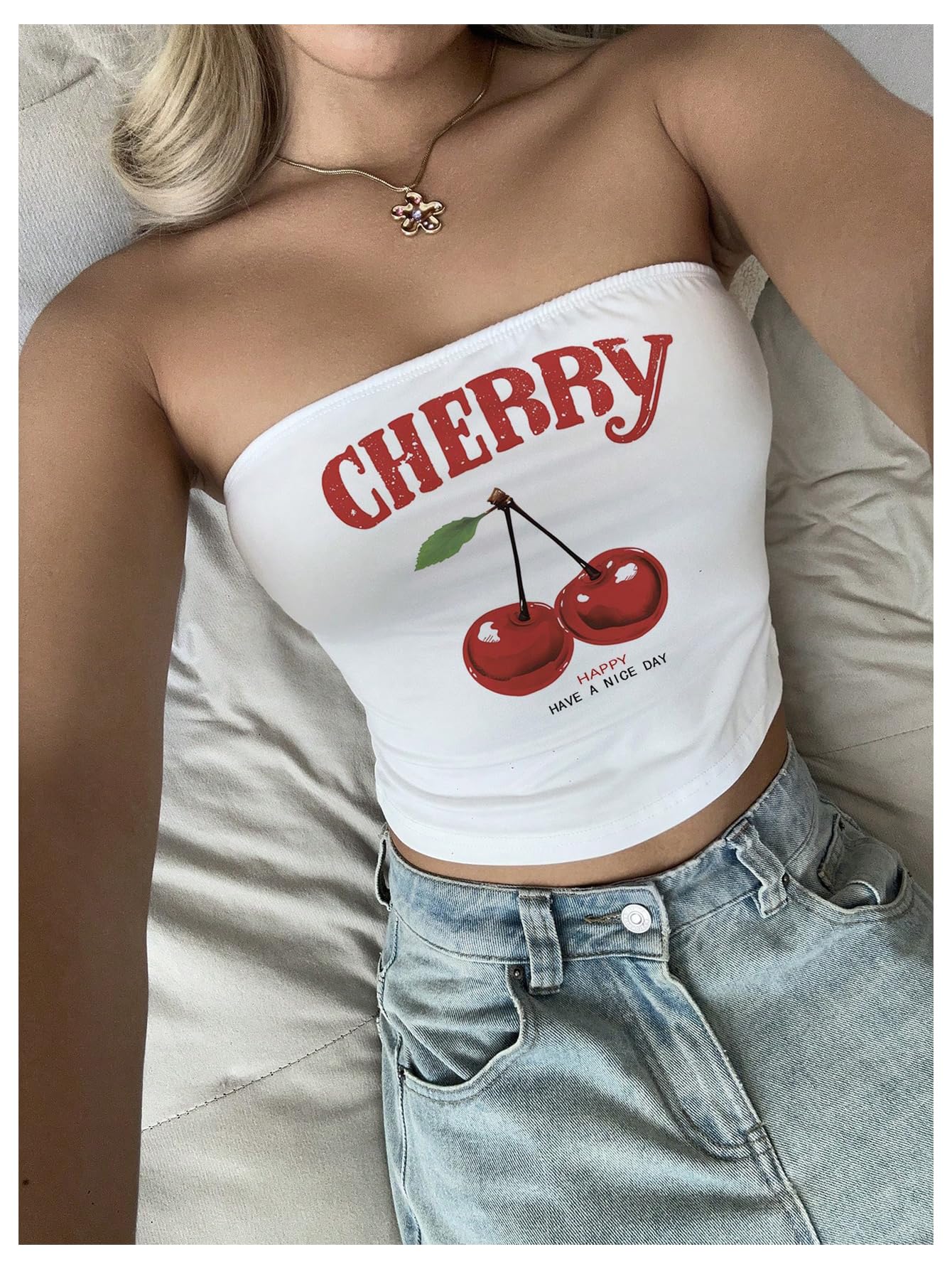 Women's Strapless Y2k Graphic Tube Crop Top Sleeveless Summer Bandeau Tops