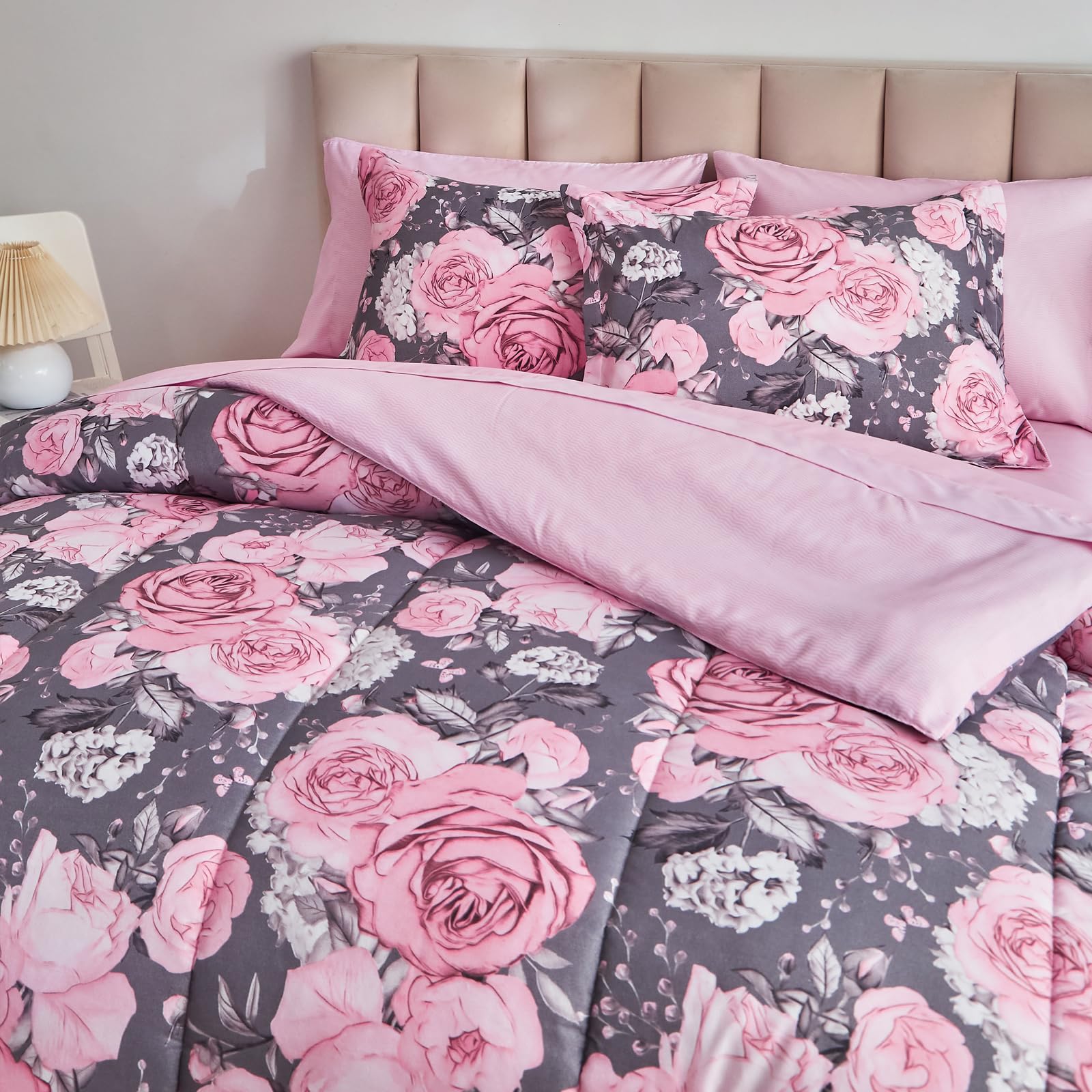 Flower Comforter Sheet Set White Bed in a Bag 7 Pieces Size, Pink Floral Microfiber Bedding Set (1 Comforter 2 Pillow Shams 1 Flat Sheet 1 Fitted Sheet 2 Pillowcases)