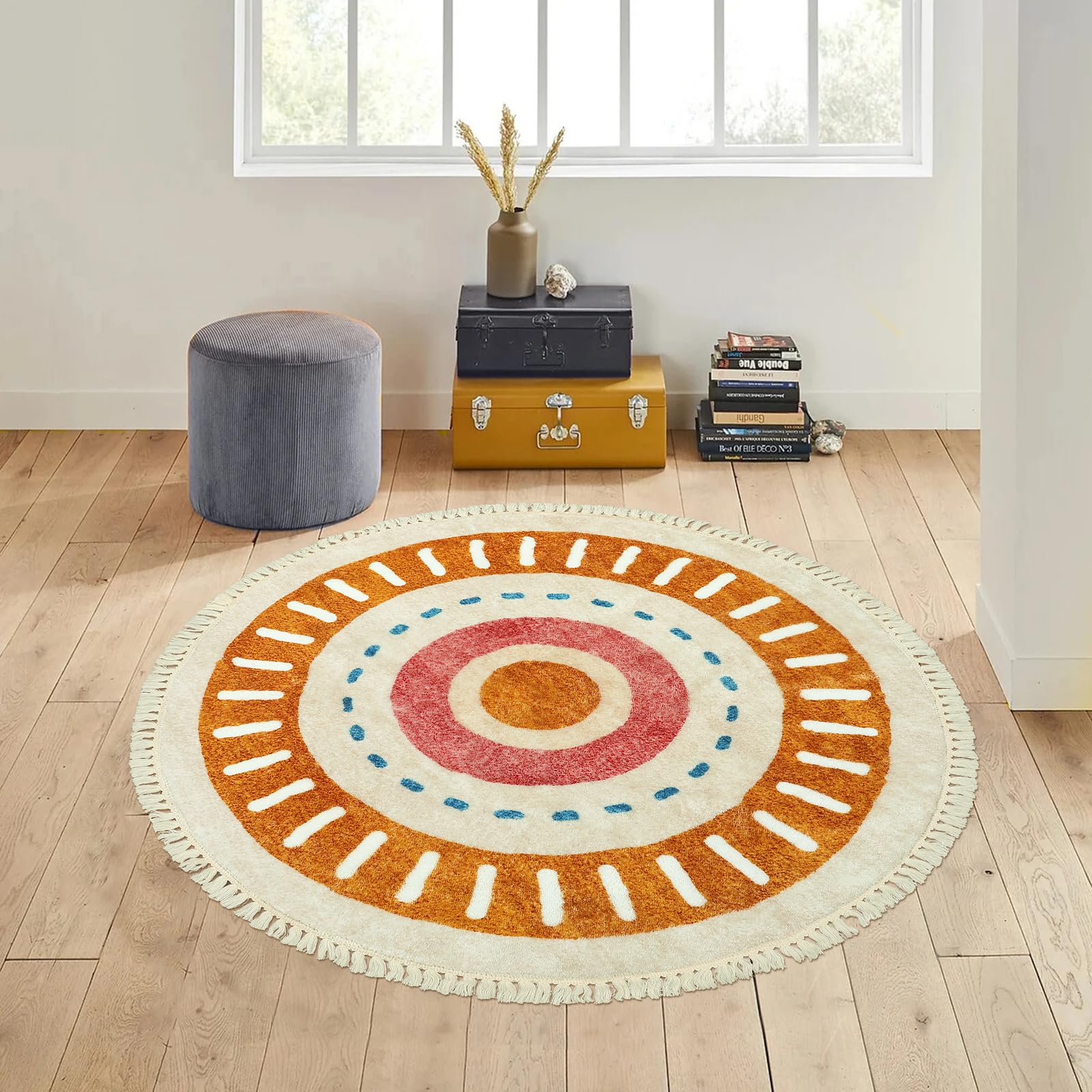 Orange Rainbow Boho Runner Rugs with Fringes, Sun Washable Hallway Runner Rug, Soft Non-Slip Area Rug