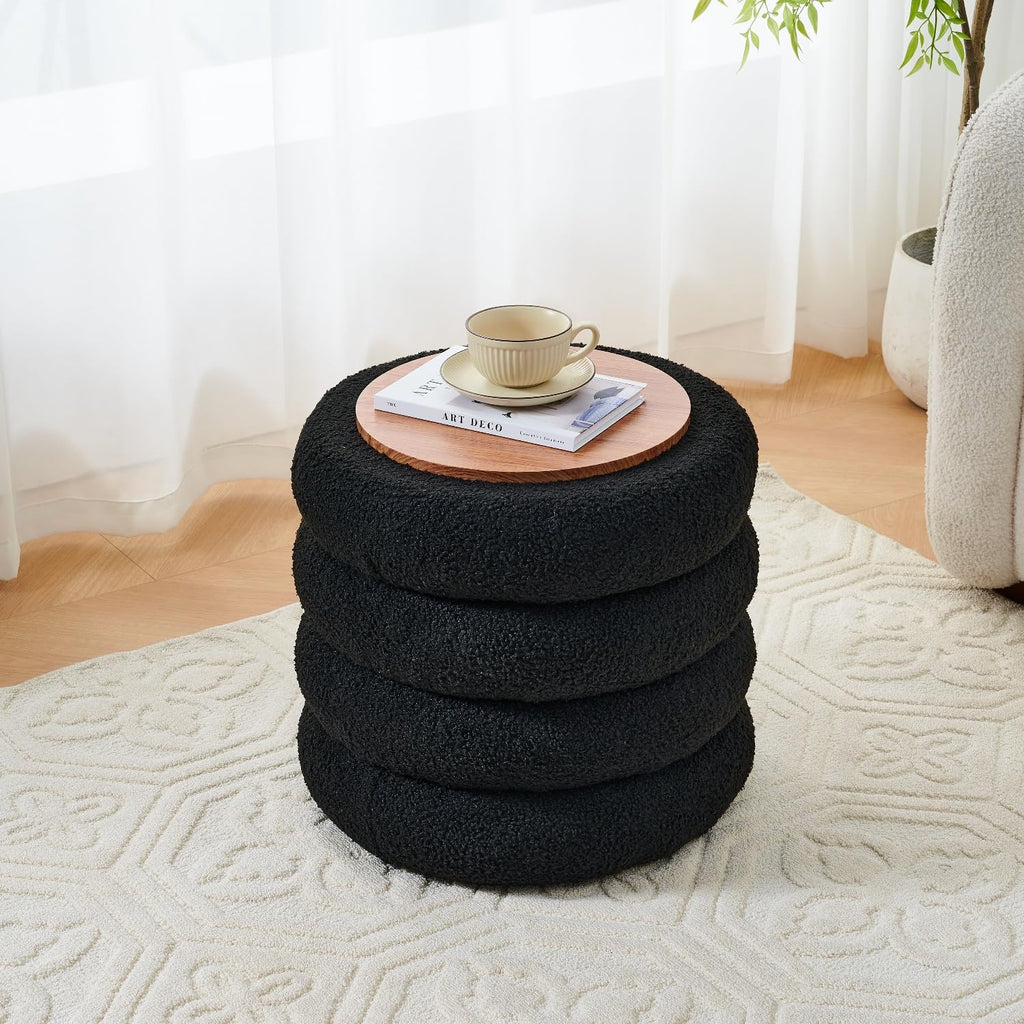 Round Storage Ottoman, Modern Sherpa Footstool with Flip-Top