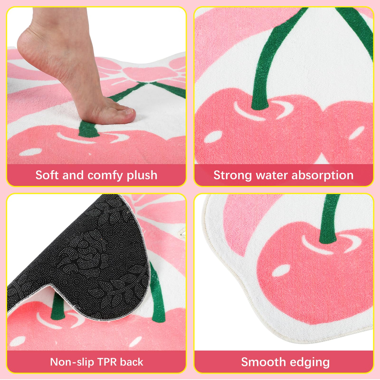 Cherry Bow Bathroom Rugs, Coquette Bow Rugs for Home Decor Cute Soft Tufted Mats Non Slip Absorbent Floor Carpet for Bathroom Bedroom Porch Kitchen, 25 x 23 Inches(Pink)
