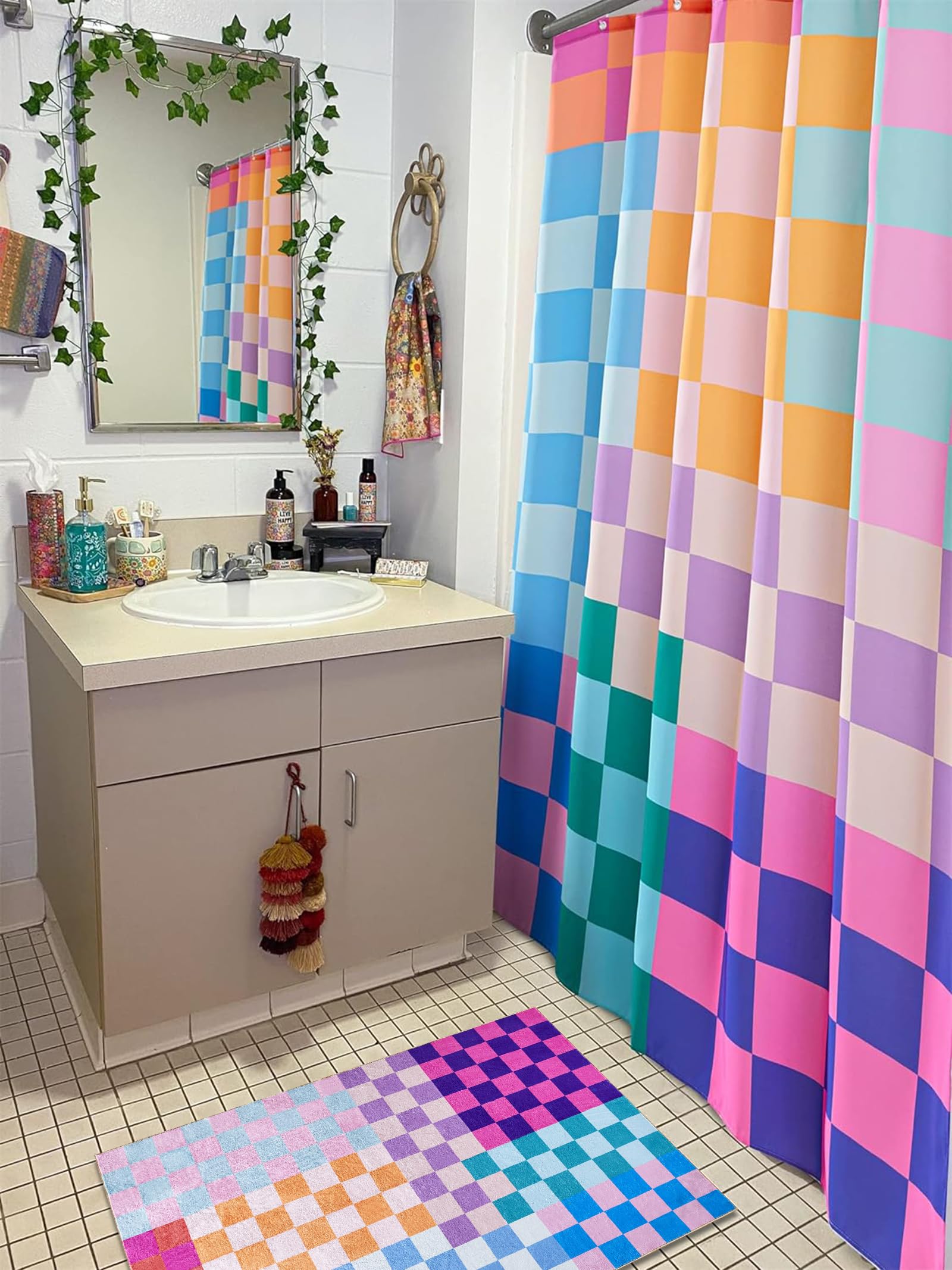 Multicolored Checkered Retro Fabric Shower Curtain for Bathroom, Heavy Duty & Waterproof Bright Rainbow Colorful Modern Simple Groovy Aesthetic Shower Curtain Set with Hooks Bathroom Decor