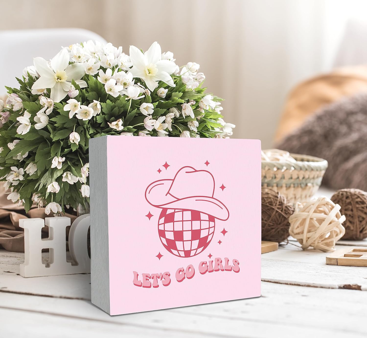 Let's Go Girls Preppy Cowgirl Hat Disco Ball Wood Box Sign Desk Decor