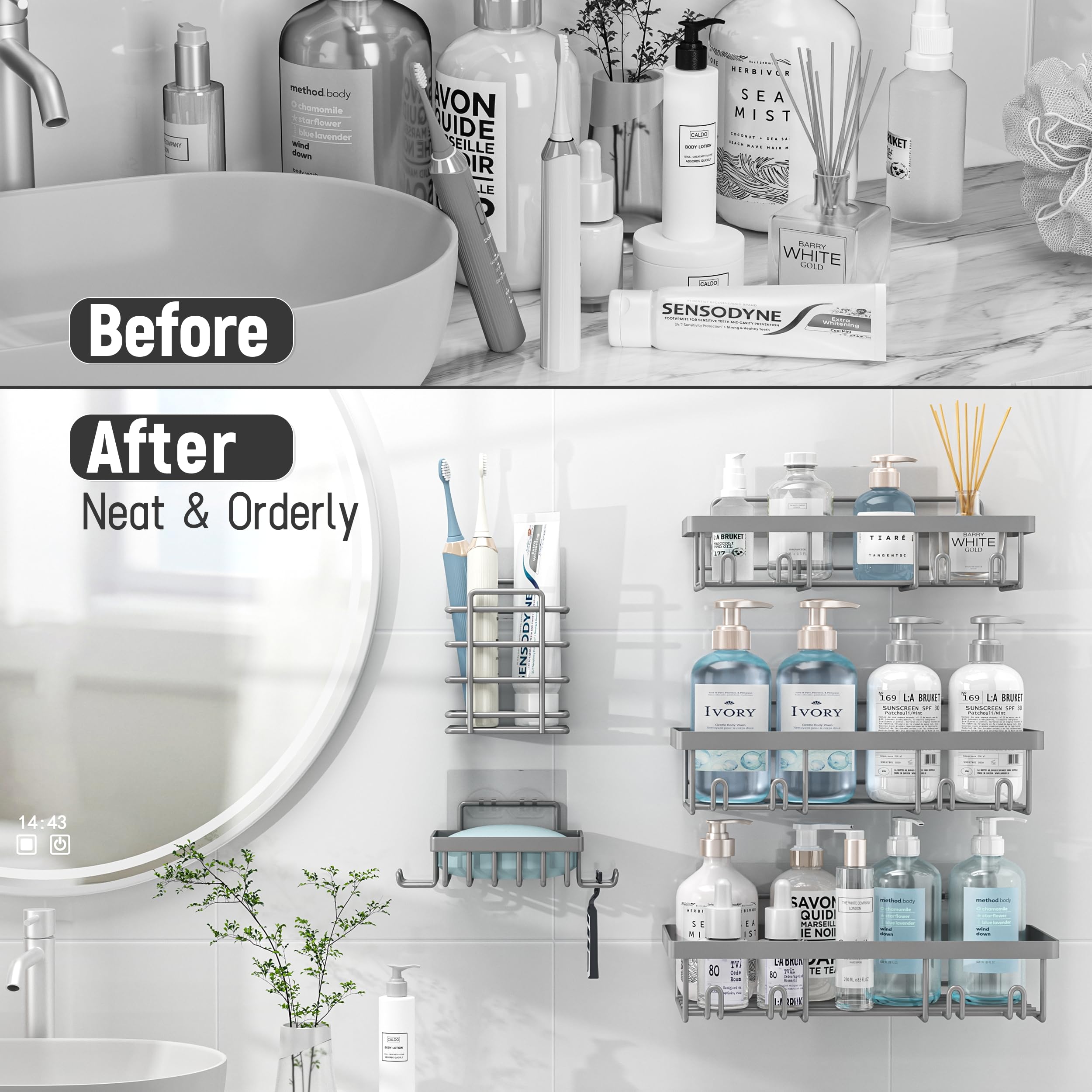 Shower Caddy Organizer Rack Shelf for Inside Shower, Adhesive Bathroom Wall Storage Basket Rustproof Stainless Steel