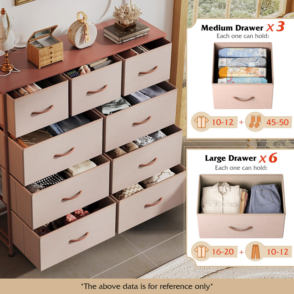 Drawer Fabric 9 Dresser â€?Tall Storage Tower with Bins, Steel Frame, and Wood Top