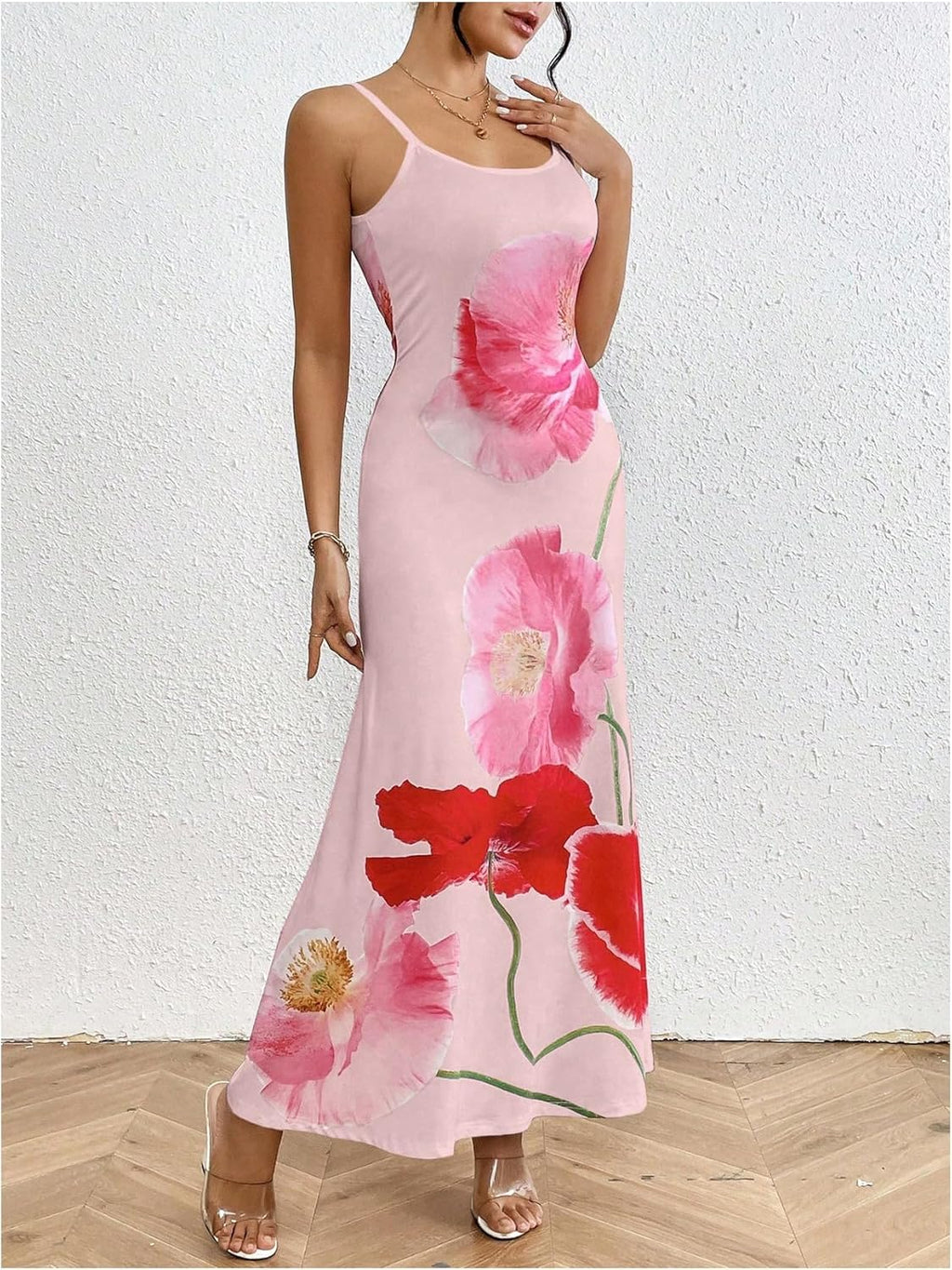 Women's Floral Print Backless Maxi Dress Scoop Neck Sleeveless Spaghetti Strap Dresses