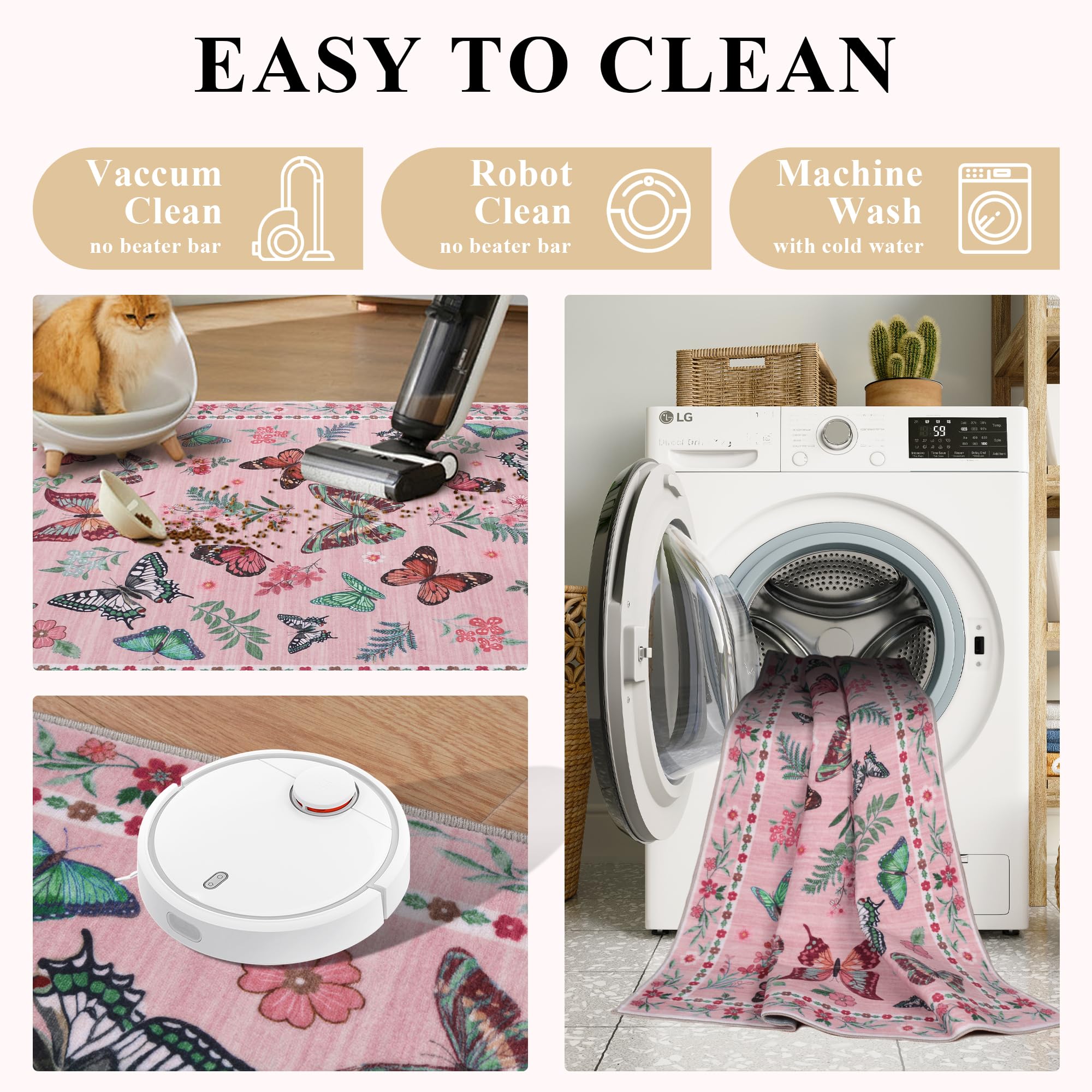 Insect Floral Area Rug, Machine Washable Area Rug Non-Slip Low Pile Large Bedroom Rug Stain Resistant Throw Rug Carpet