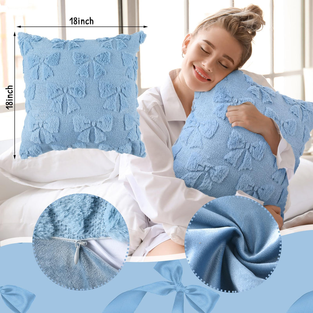 Coquette Bow Pillow Covers - Set of 2 Room Decor Cute Faux Fur Soft Pillow Covers Fluffy Plush Aesthetic Pillow Covers for Bed Sofa Couch Covers 18x18