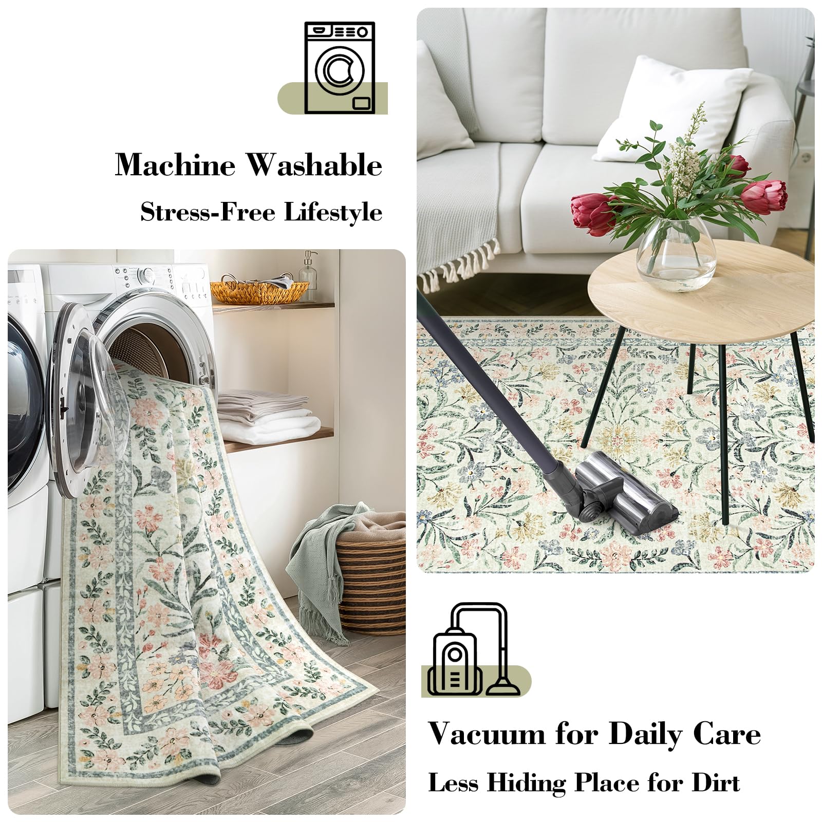Machine Washable Boho Soft Floral Carpet Non Slip, Indoor Ultra-Thin Floor Carpet for Kid Room Living Room Dorm