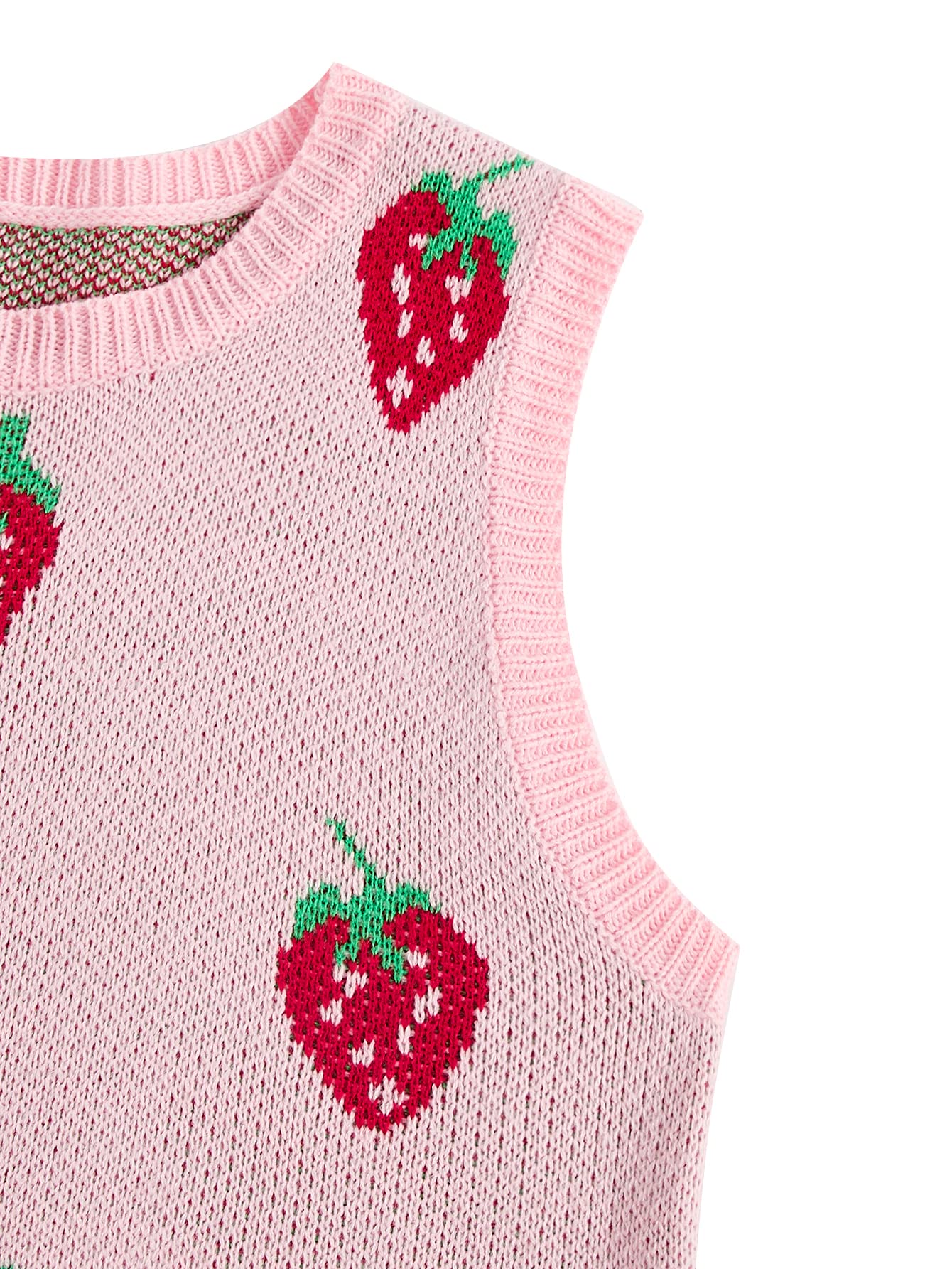Women's Sleeveless Round Neck Cute Strawberry Sweater Vest Crop Shirt Top