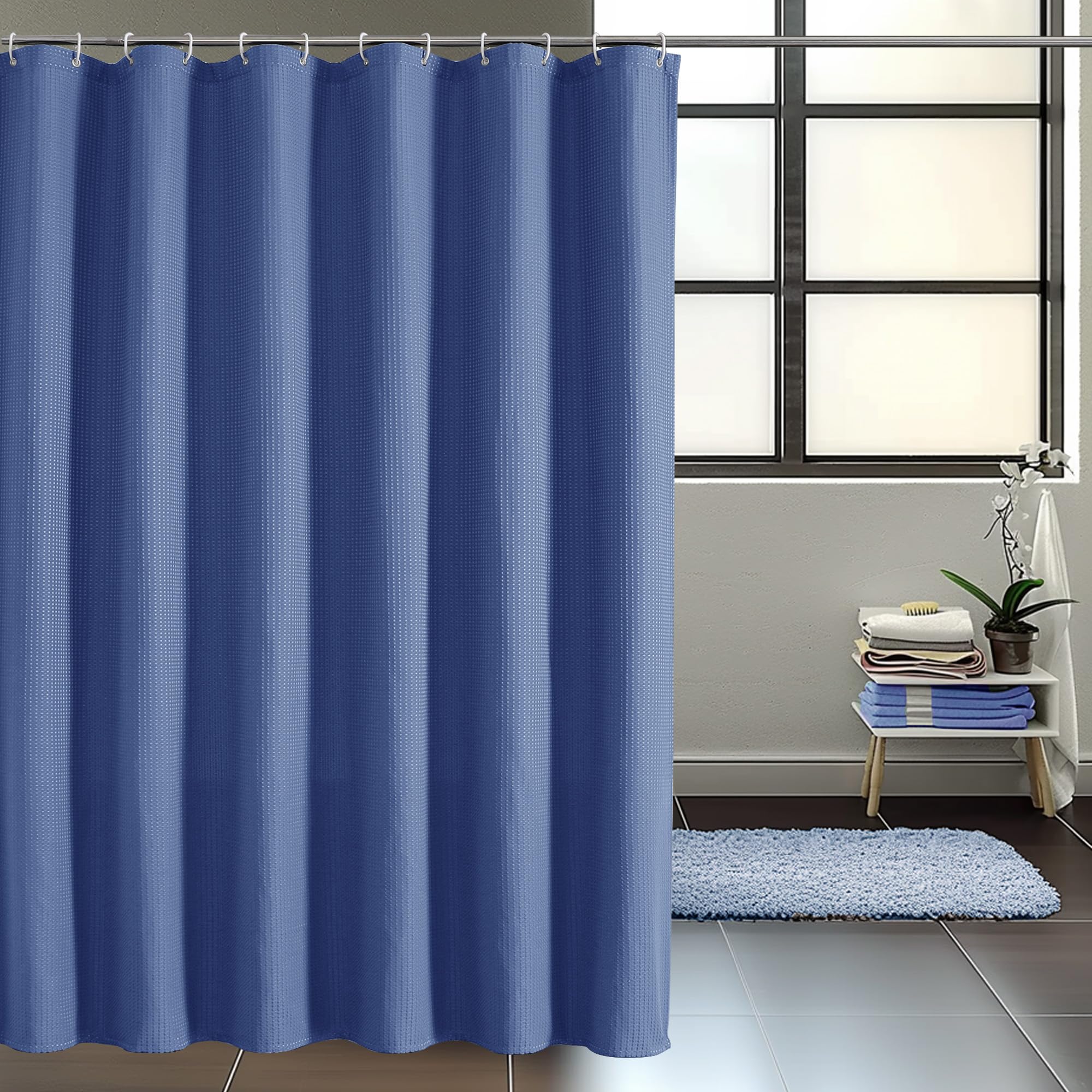 Waffle Textured Heavy Duty Fabric Shower Curtain for Bathroom, Luxury Hotel Weighted 230GSM Bath Curtain with 12 Plastic Hooks, Machine Washable, 72x72