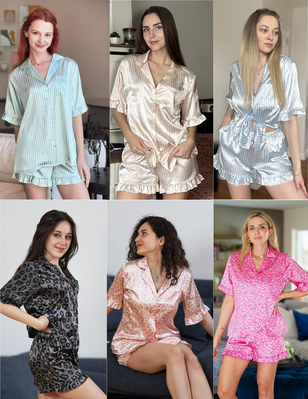 Womens Satin Pajamas Cute Ruffle Sleeve Printed Sleepwear Button Down Silk Pjs Set