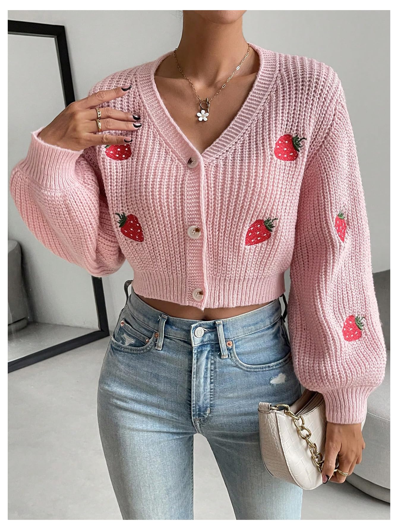 Women's Strawberry Embroidery Crop Cardigan Drop Shoulder Button Up Sweater Tops V Neck Outerwear