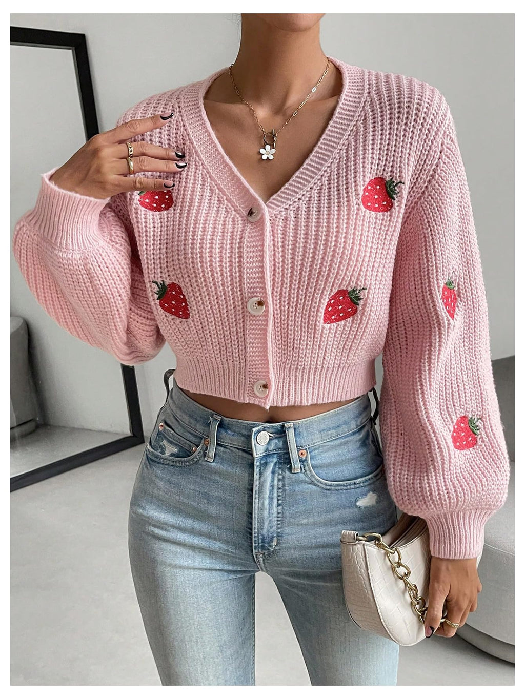 Women's Strawberry Embroidery Crop Cardigan Drop Shoulder Button Up Sweater Tops V Neck Outerwear