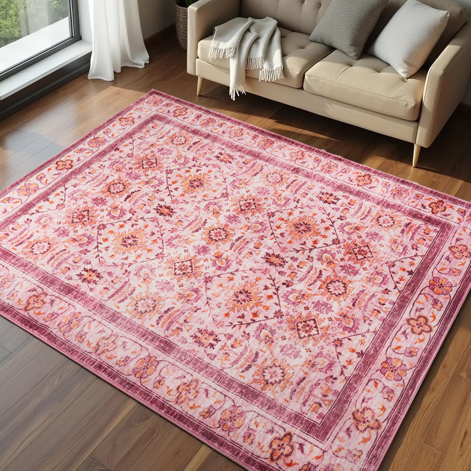 Washable Area Rugs Door Mat Entryway Vintage Floral Non-Slip Low Pile Entrance Thin Rug Carpet for Kitchen Bathroom Living Room Pink
