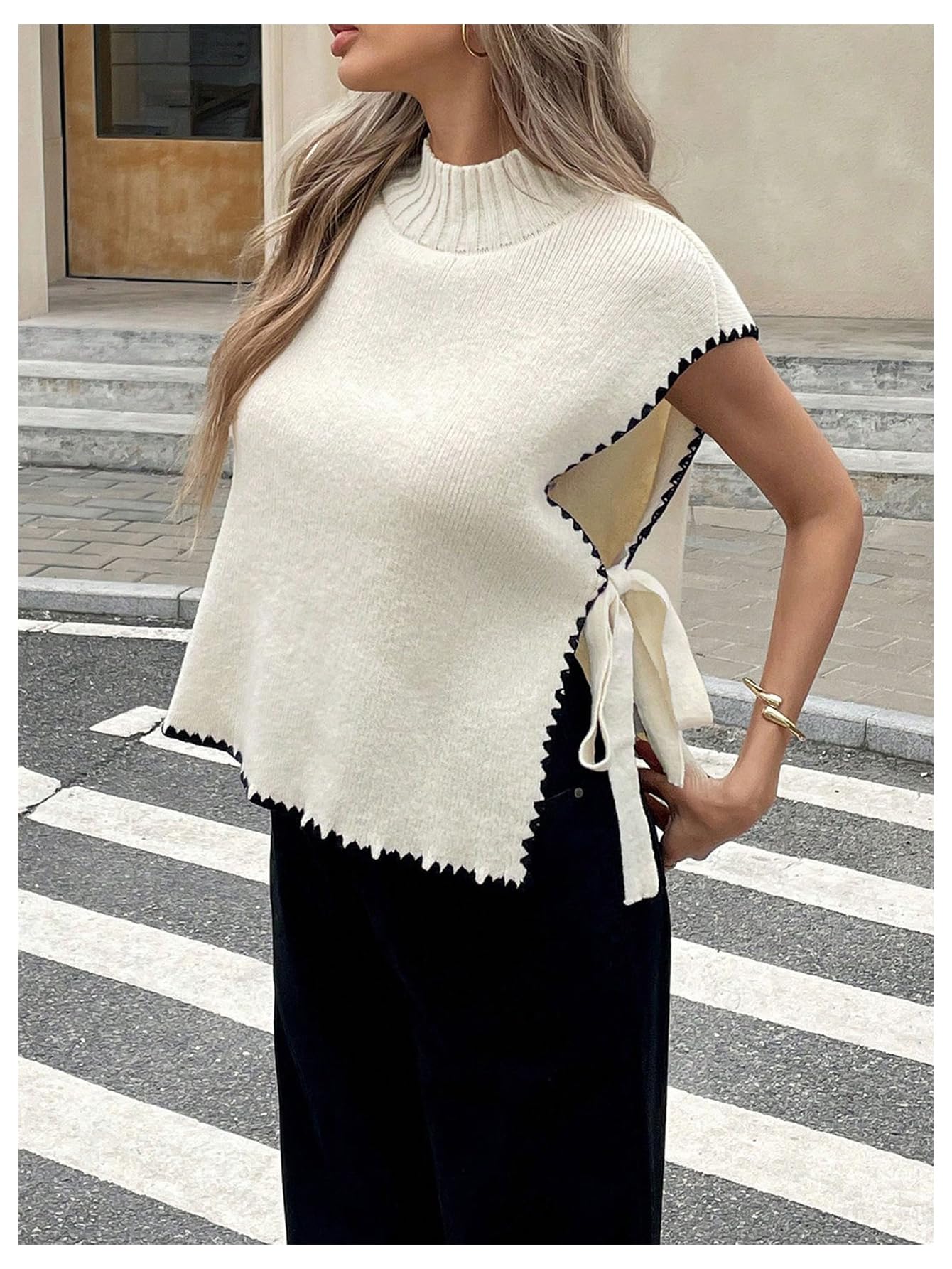 Women's Bow Tie Side Mock Neck Sweater Vest Coquette Split Sleeveless Knit Tops