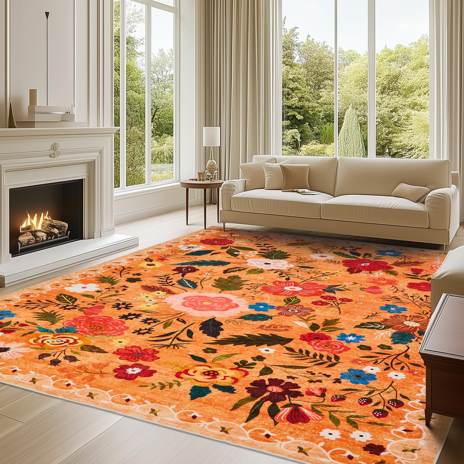 Boho Floral Vintage Rug for Home Washable Rugs Soft Low Pile, Non Slip Non-Shedding
