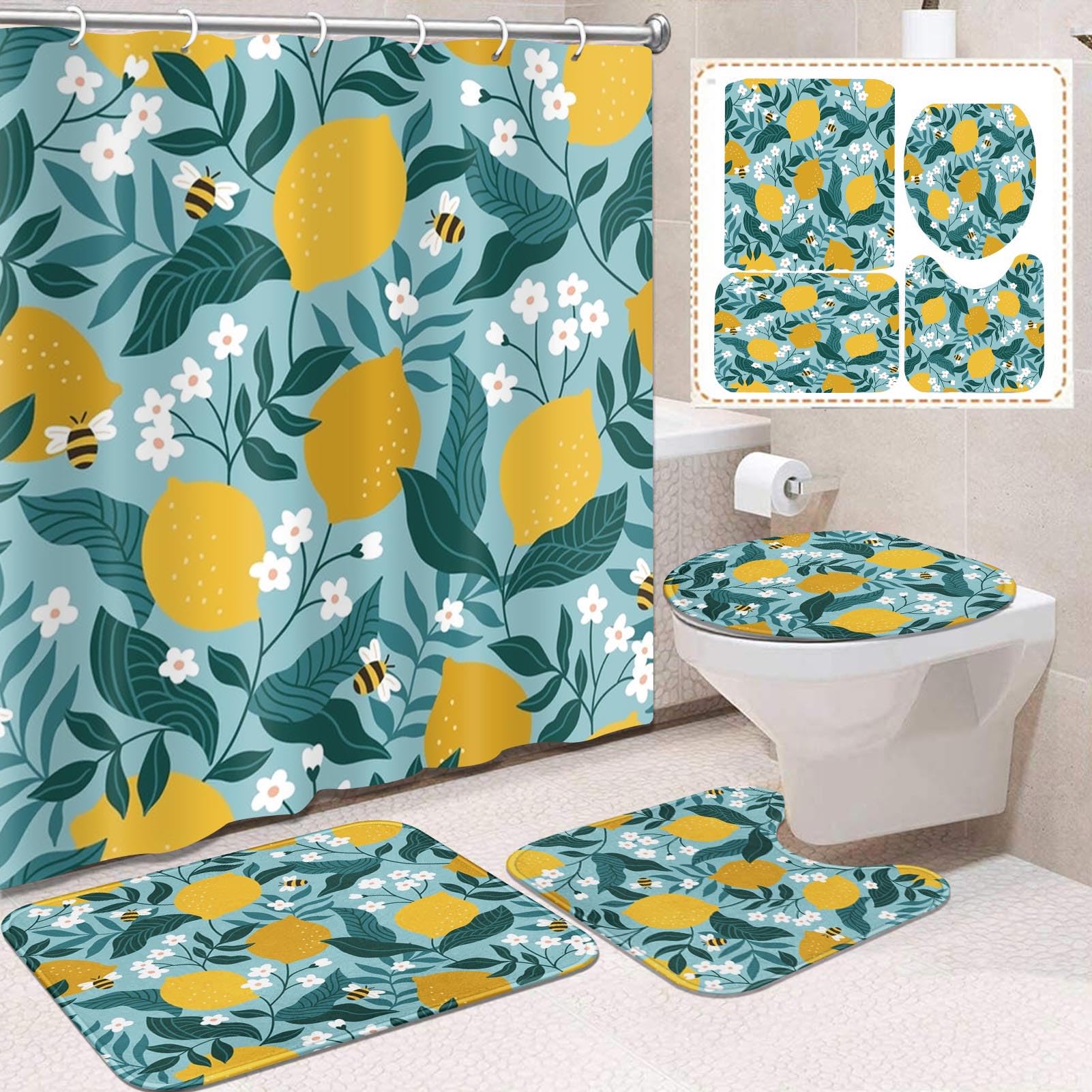 Vintage 4 Pcs Bathroom Sets with Shower Curtain and Rugs, Shower Curtain Sets for Bathroom Decor with 12 Hooks