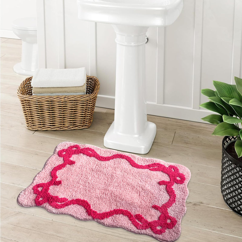 Coquette Bow Bathroom Mat Non Slip Bow Rug Cute Scallop Carpet Room Decor Microfiber Absorbent Bath Rug