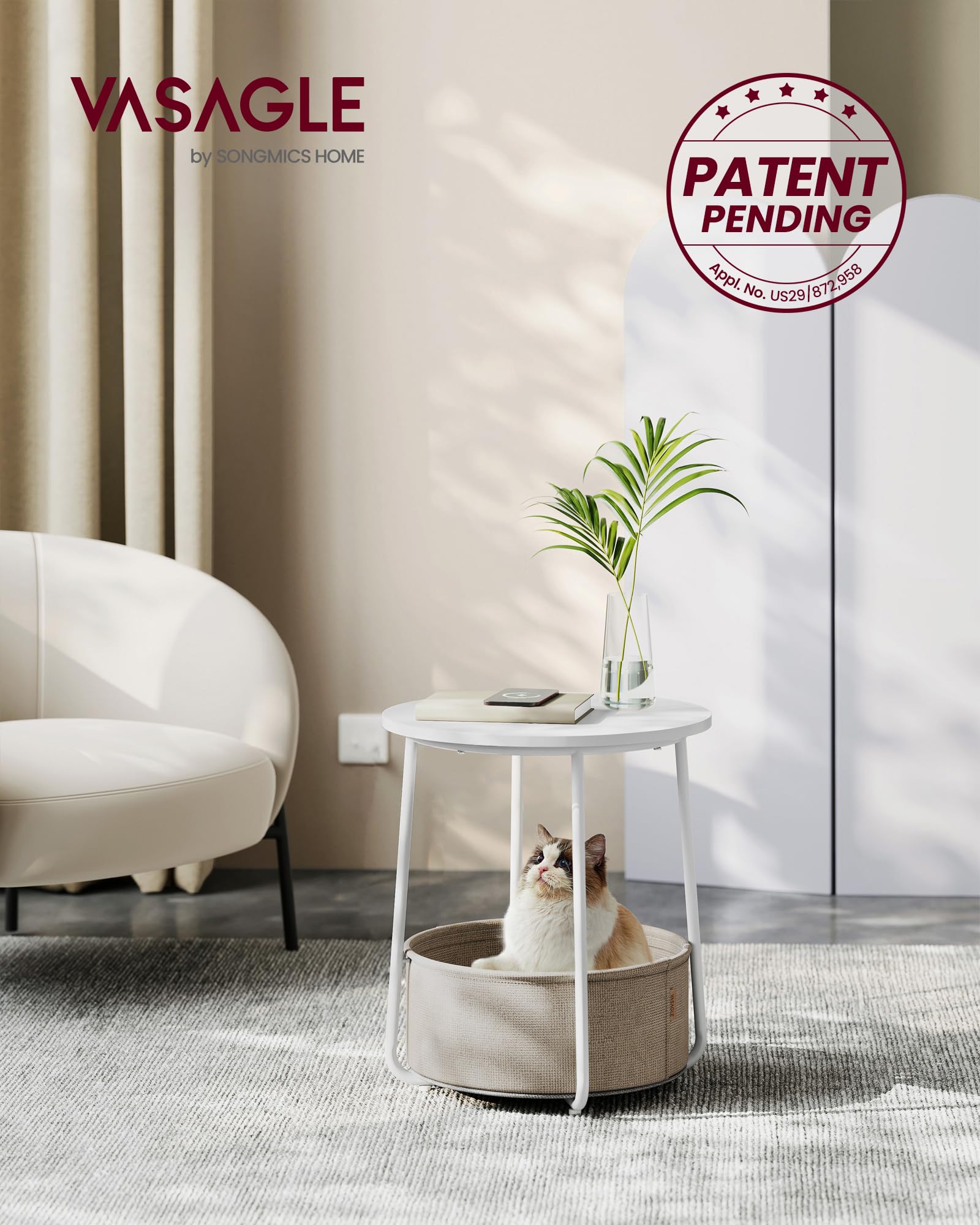 Small Bedside Table with Fabric Basket, Modern Nightstand, Round Side Table