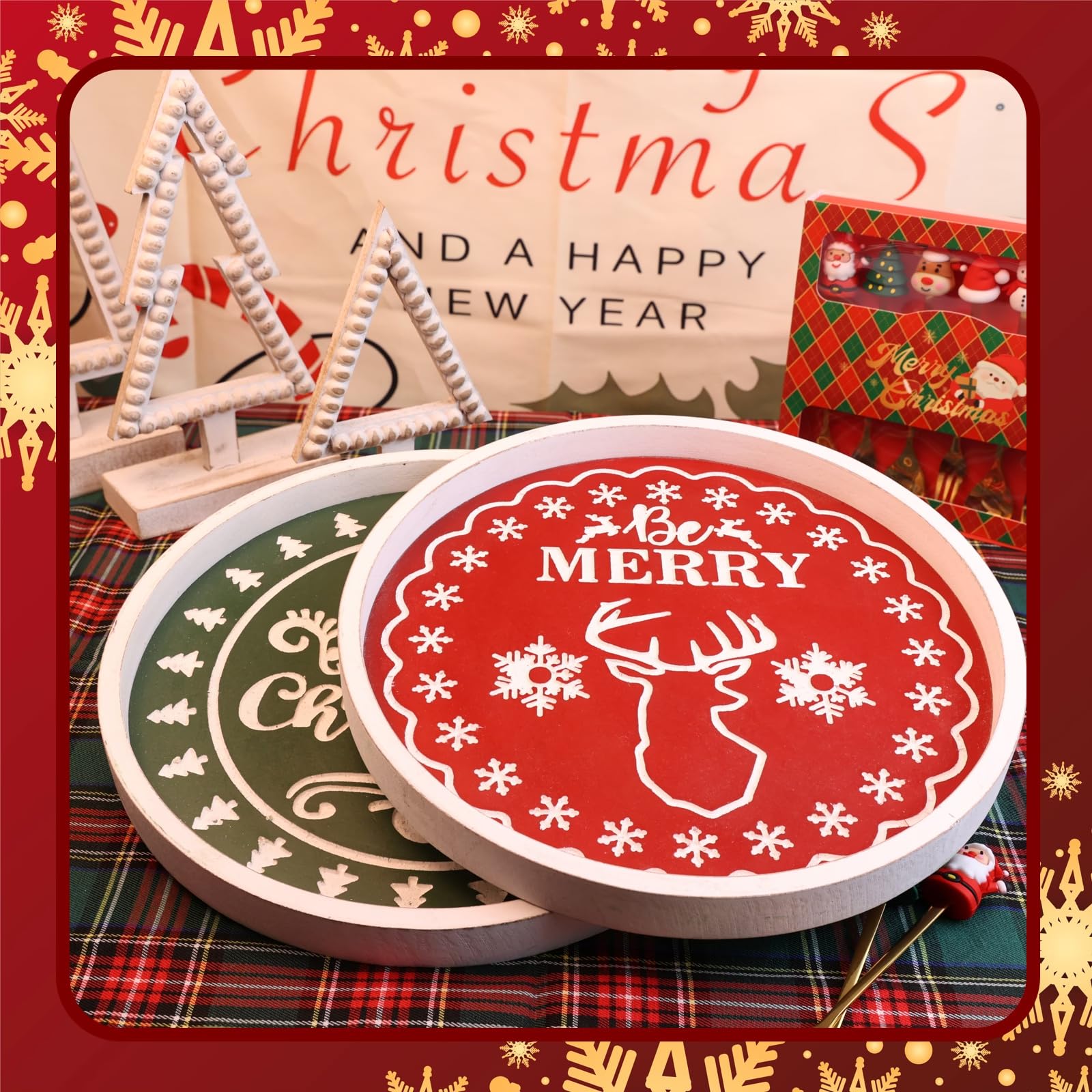 Round Wood Decorative Ottoman Tray for Coffee Table Kitchen Counter, Living Room, Handcrafted Wooden Serving Tray for Table Centerpiece