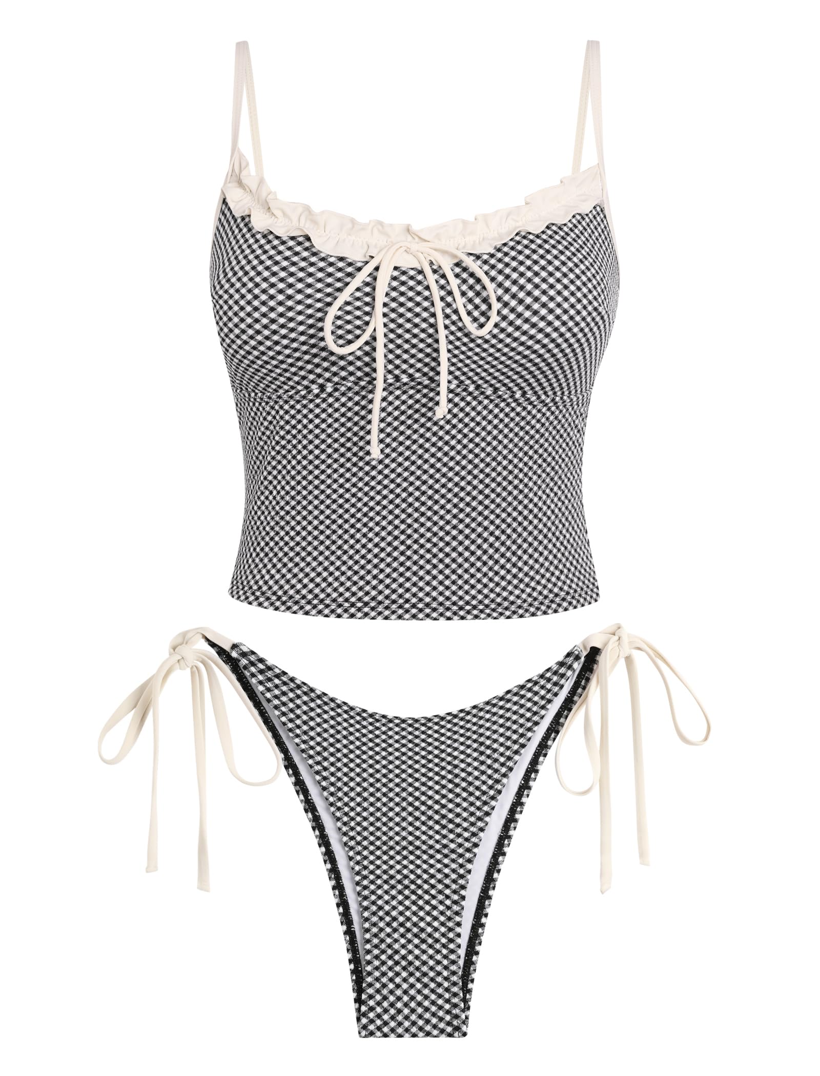 Tankini Swimsuits for Women Tie Front Tummy Control Spliced Ruffles Bikini Sets Two Piece Bathing Suits