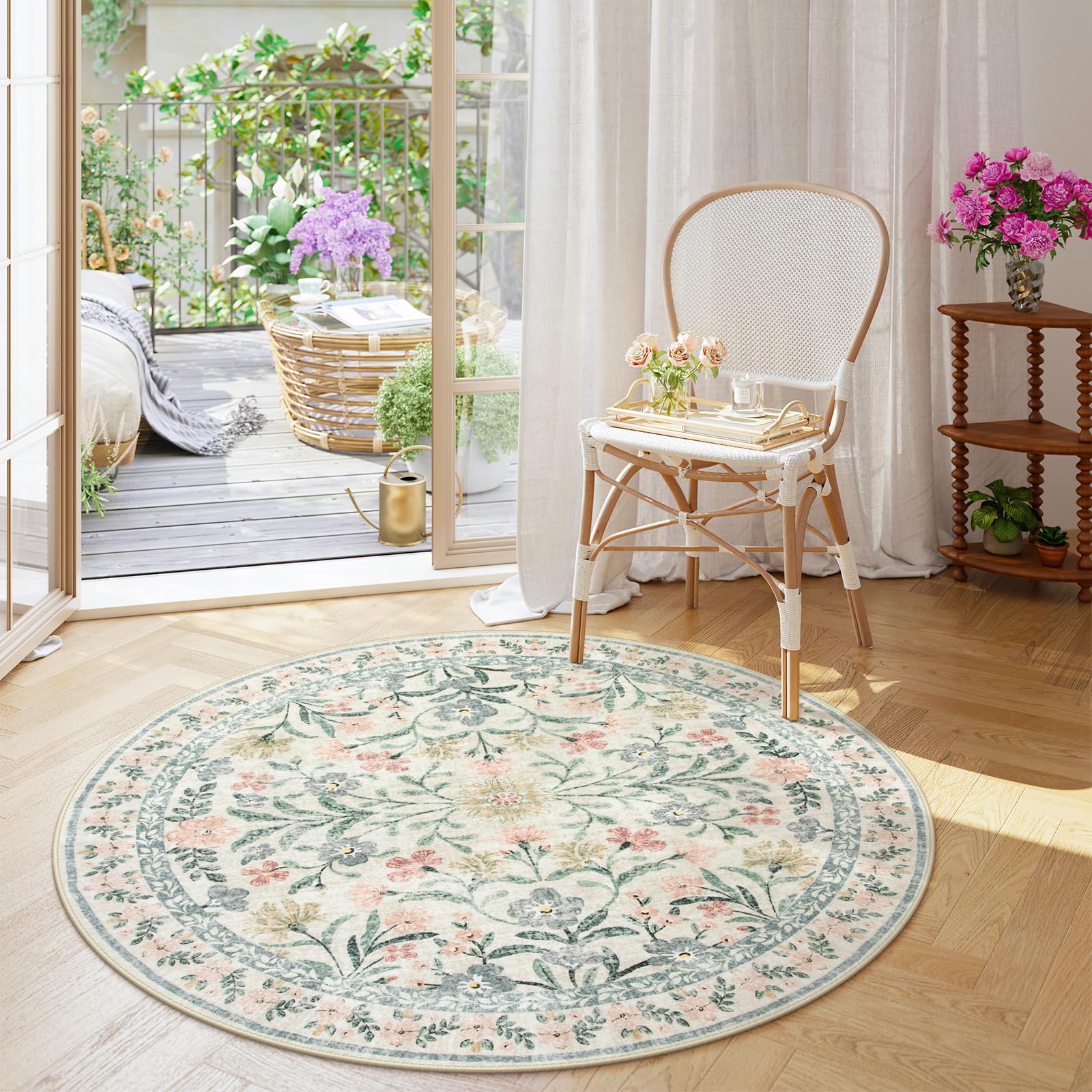 Machine Washable Boho Soft Floral Carpet Non Slip, Indoor Ultra-Thin Floor Carpet for Kid Room Living Room Dorm