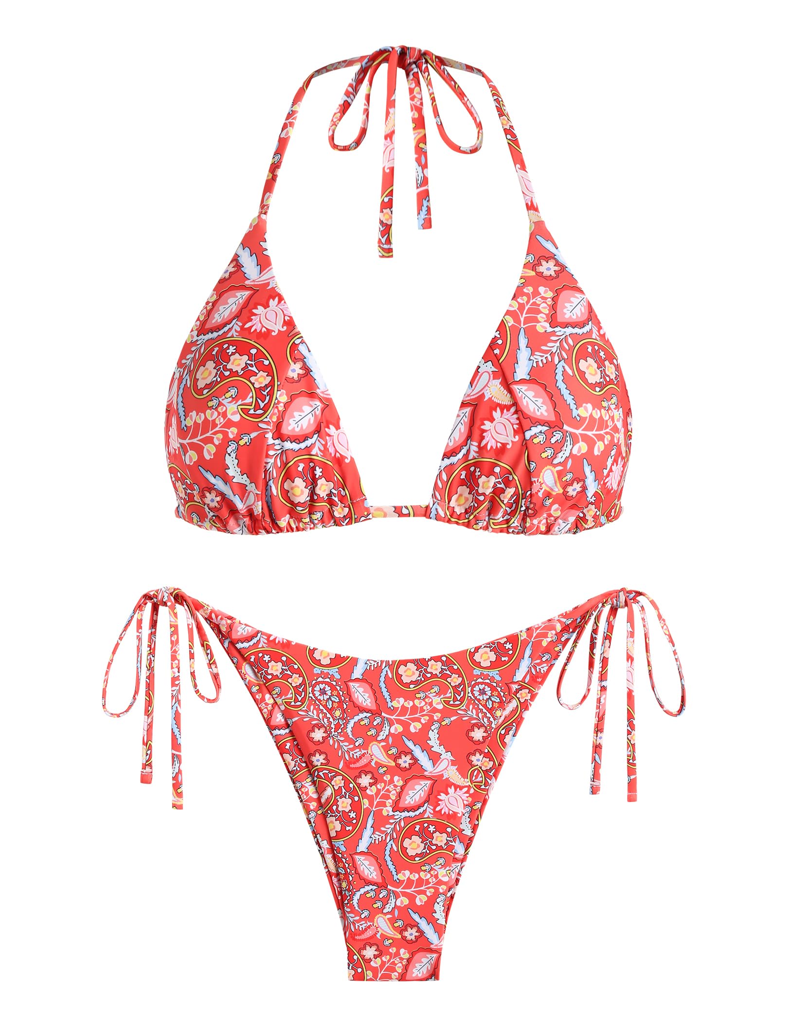 Halter Two Piece Swimsuit Ribbed High Cut Tie Side Thong Bathing Suit Sexy Padded Swimwear