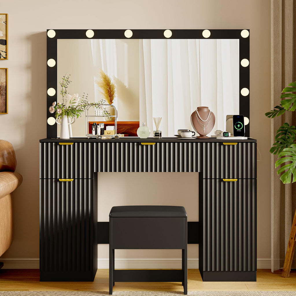 Makeup Vanity Desk with Mirror, Fluted Panel, Large LED Mirror, 3 Lighting Modes & Adjustable Brightness, Charging Station, Dressing Table with Stool