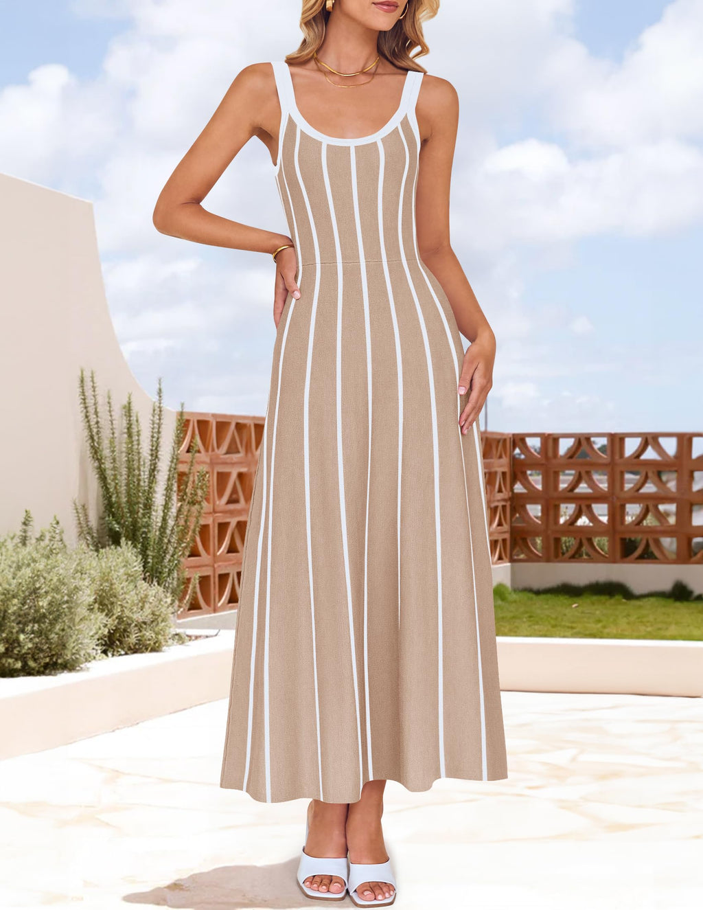 Wome's Summer Sleeveless Striped Midi Dress 2025 Knit Casual Elegant A Line Swing Long Dresses