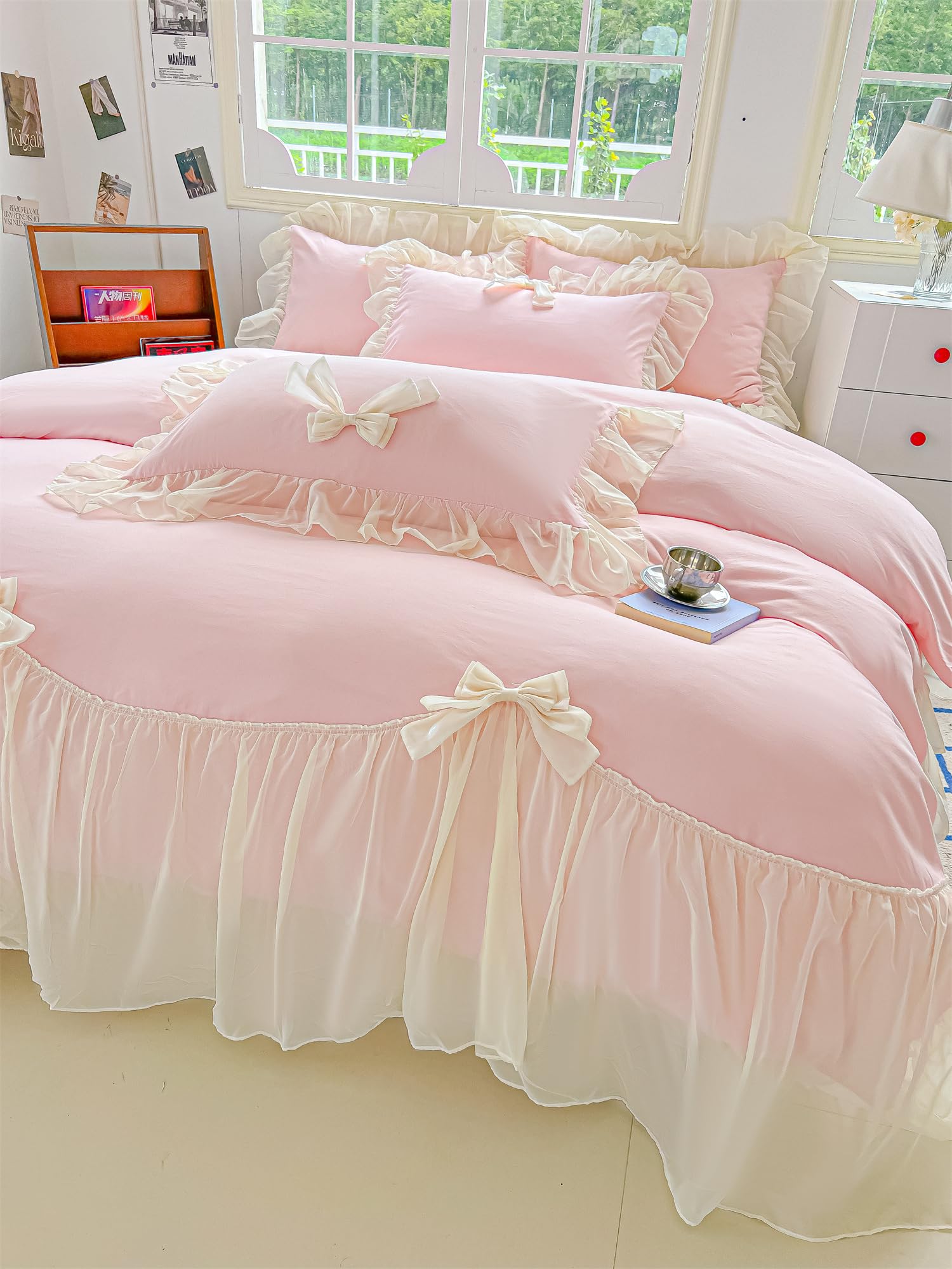 Girls Lace Bedding,Queen Comforter Cover Set, Chic Ruffled Duvet Cover with Lovely Bow,Princess Style 1 Duvet Cover with 2 Pillowcases, No Comforter-Hot Pink,Full Size