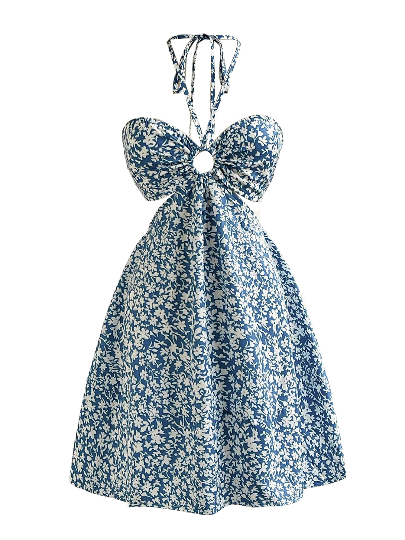 Women's Floral Halter Neck Vacation Dress Sleeveless Cut Out Boho Cami Dress