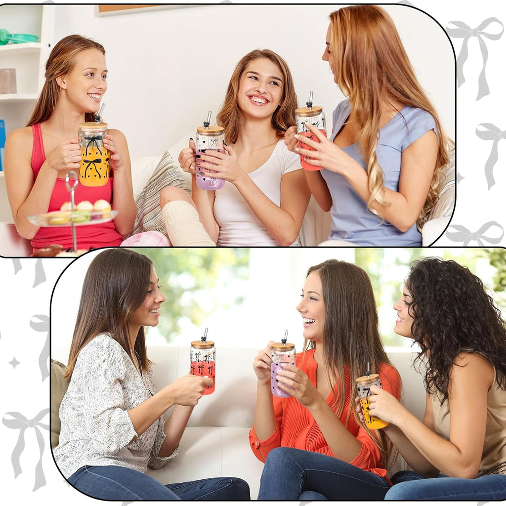 Coquette 4 Set Black Bow Aesthetic Glass Cups with Bamboo Lids and Straws 16 oz